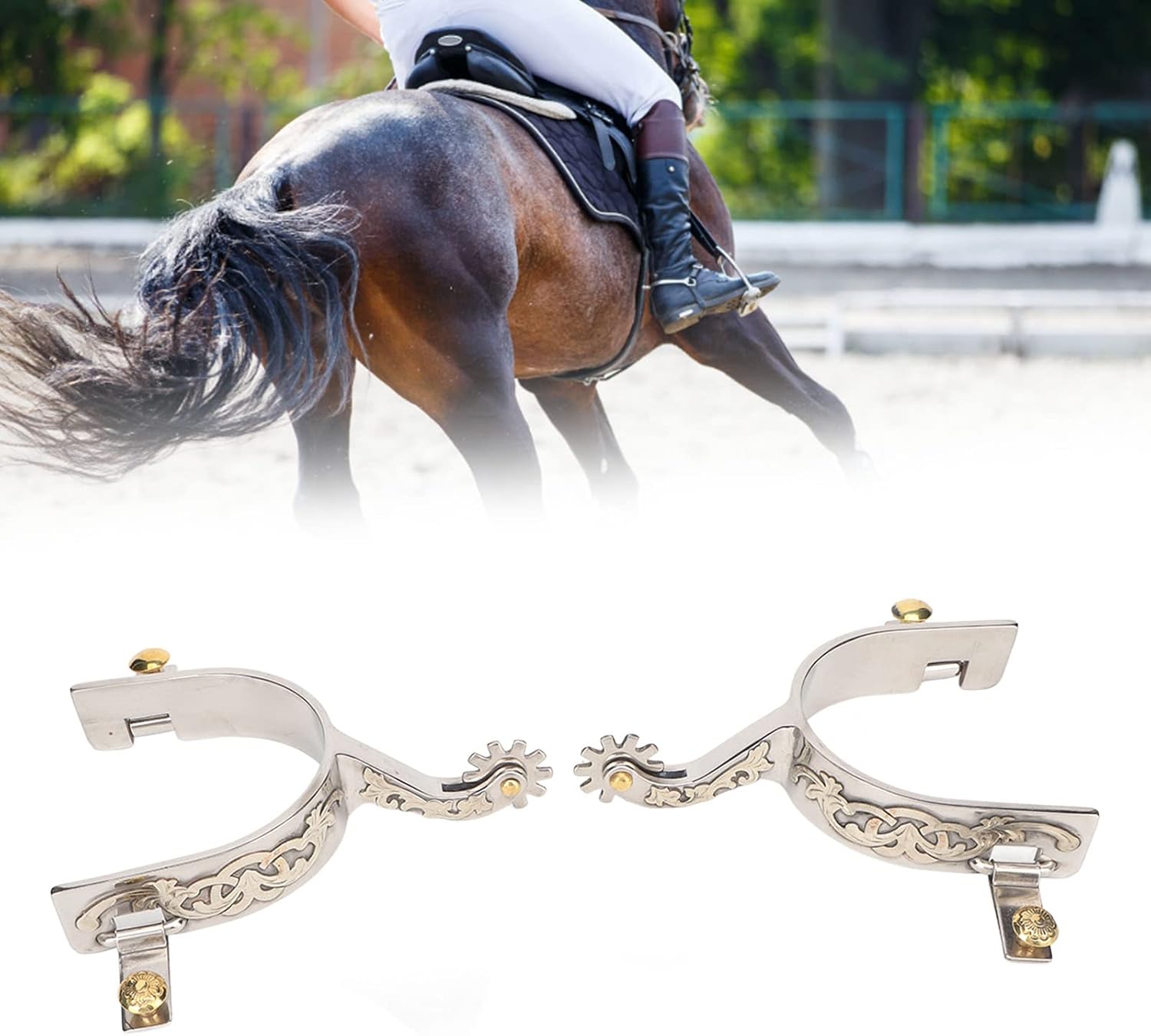 Zerodis 2 espuelas de caballo de acero inoxidable para los vaqueros, con equipo giratorio para los entusiastas ecuestres, montar simple con espolón