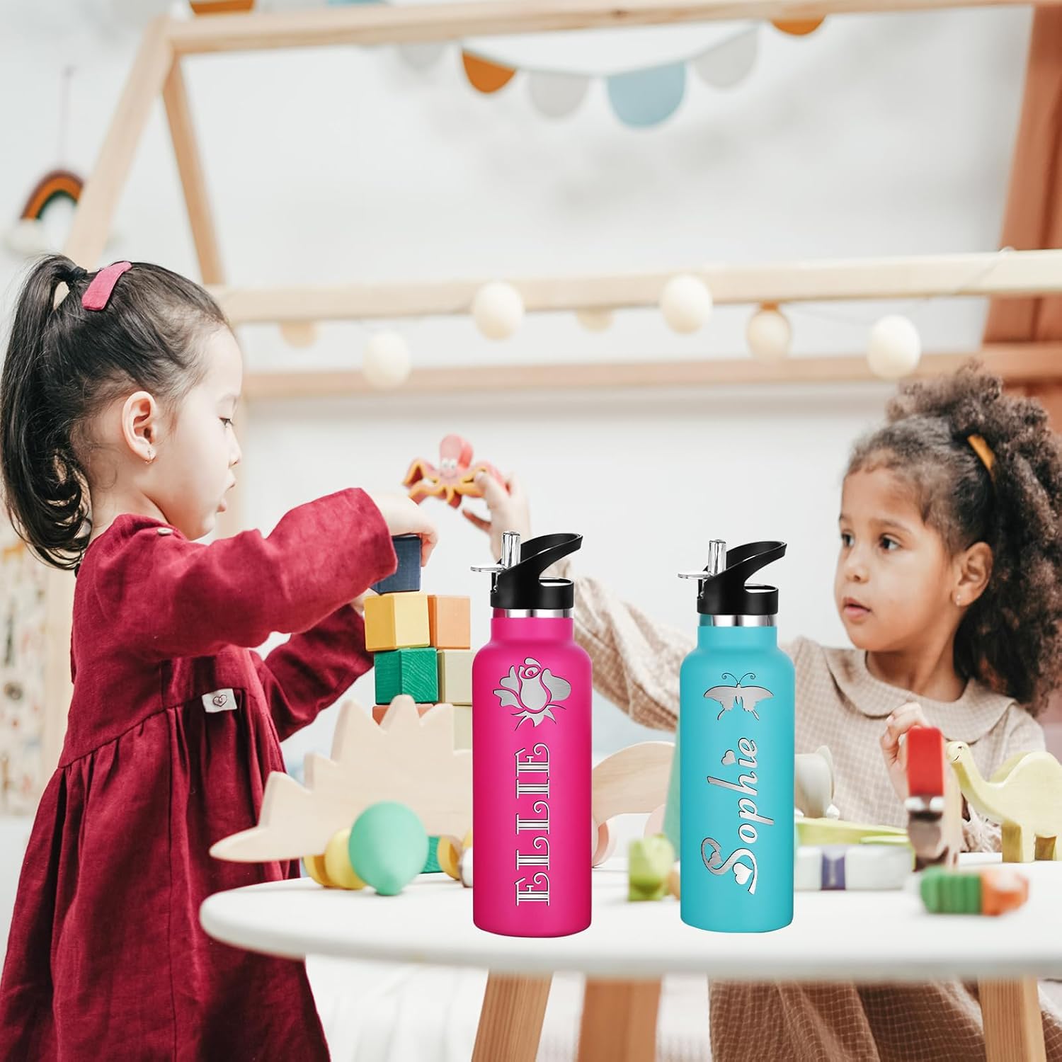 Botellas de agua personalizadas con tapa de popote de 1226 onzas con nombre grabado, logotipo, botella aislada personalizada, botellas de agua de