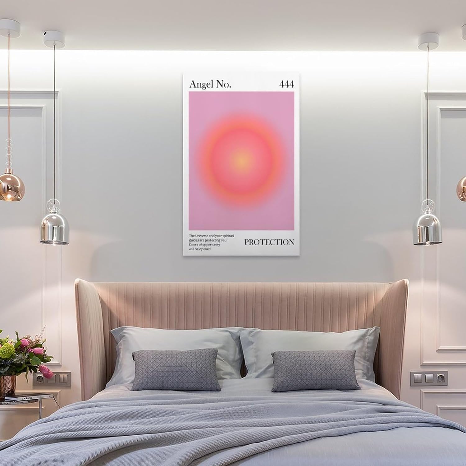Póster de ángel con el número 444 impreso, color rosa, protección espiritual para el hogar, ley de atracción, manifiesto, póster de lienzo para