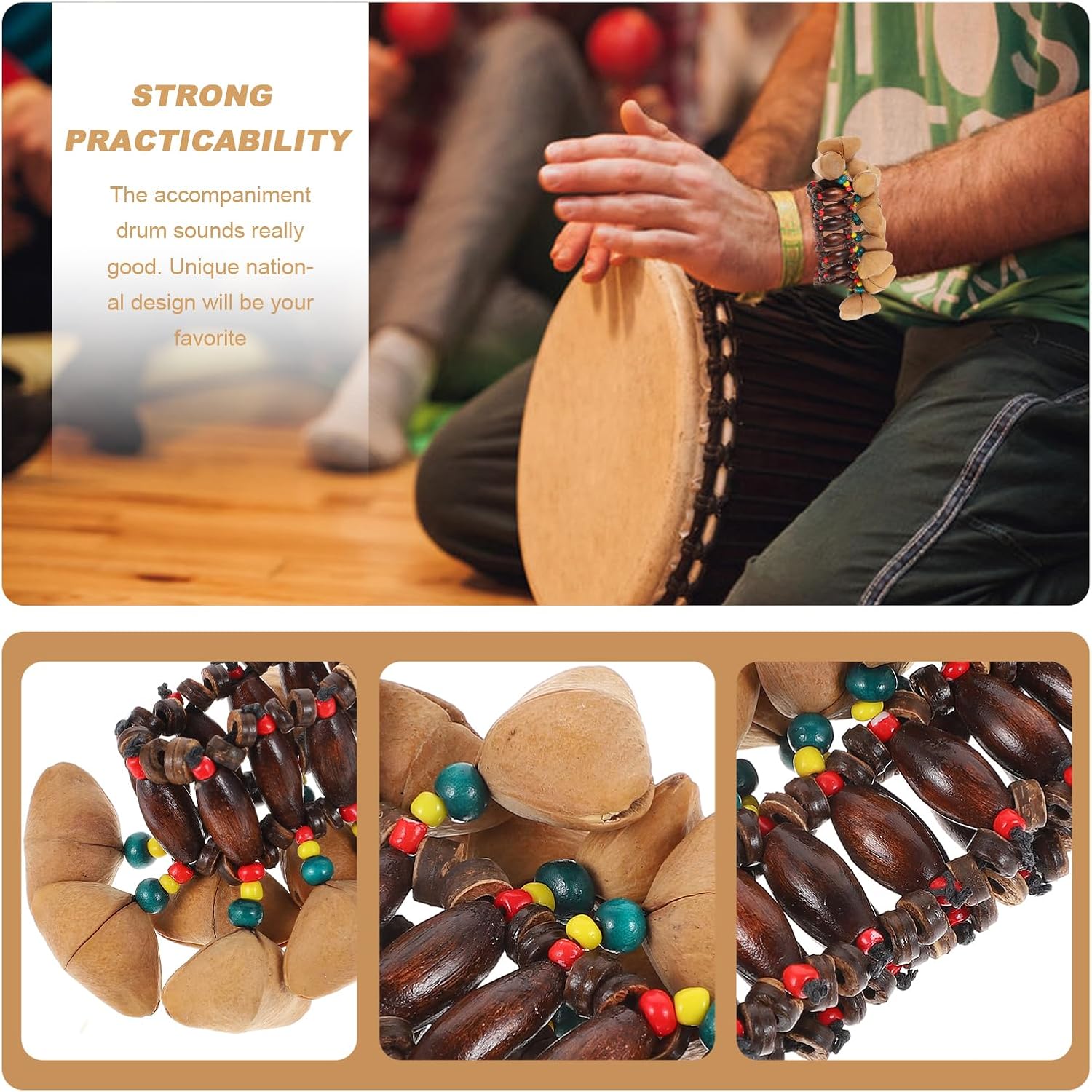 Milisten Tambora Dominicana – Paquete de 2 pulseras africanas de concha de nuez africana, instrumentos musicales, campanilla de tuerca africana,