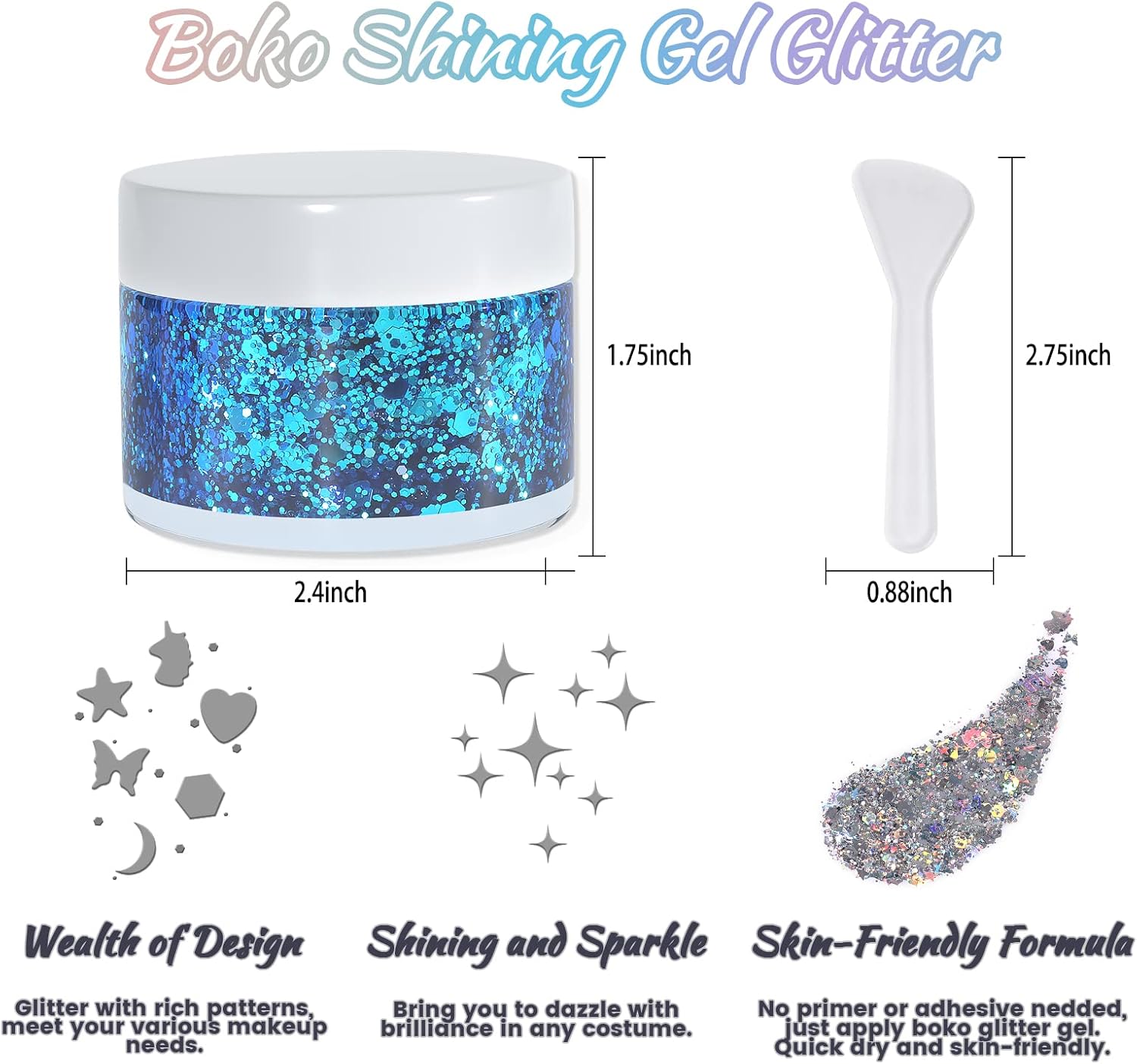 Boko Gel de purpurina corporal de 1.76 onzas, purpurina líquida plateada láser para maquillaje facial, cabello y cuerpo, ropa de festivales,