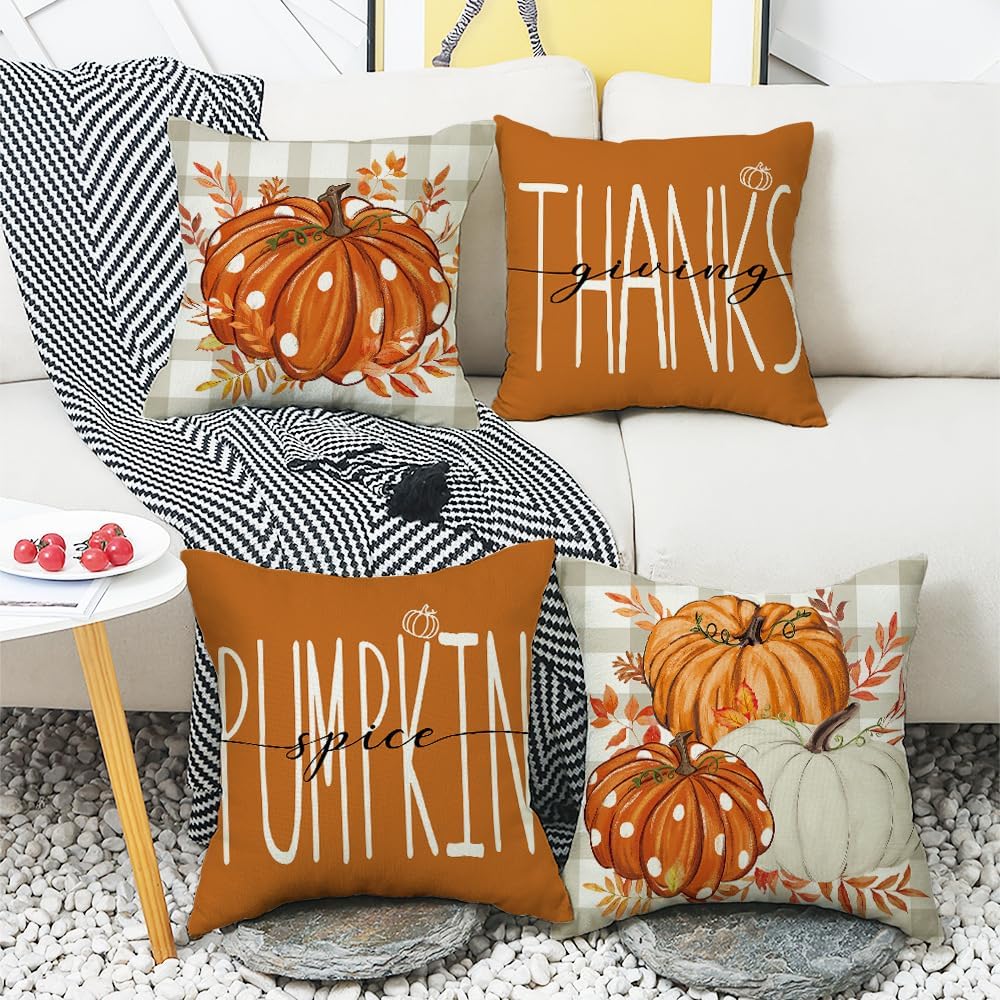 Fundas de almohada de otoño con diseño de calabaza y hojas de arce naranja para el hogar, 18 x 18 pulgadas, decoraciones de agradecimiento bendecido