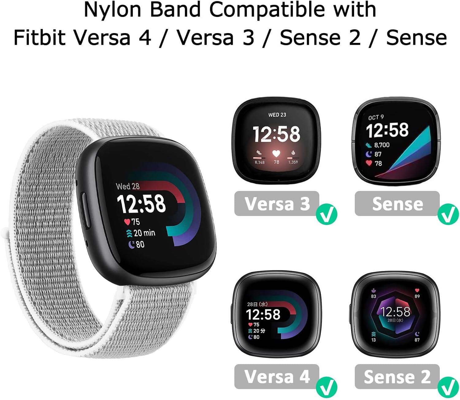 Vancle Bandas de nailon para Fitbit Versa 4, Fitbit Sense 2, Fitbit Versa 3, bandas Fitbit Sense, correas de repuesto ajustables suaves y