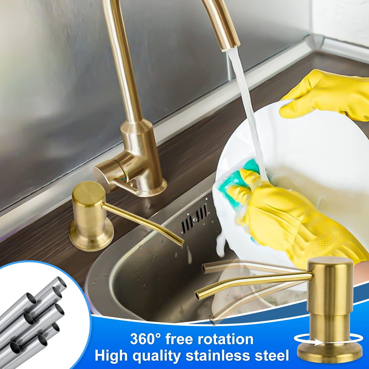 Dispensador de jabón para fregadero de cocina, dispensador de jabón de acero inoxidable cepillado dorado con kit de tubo de extensión de 47 pulgadas