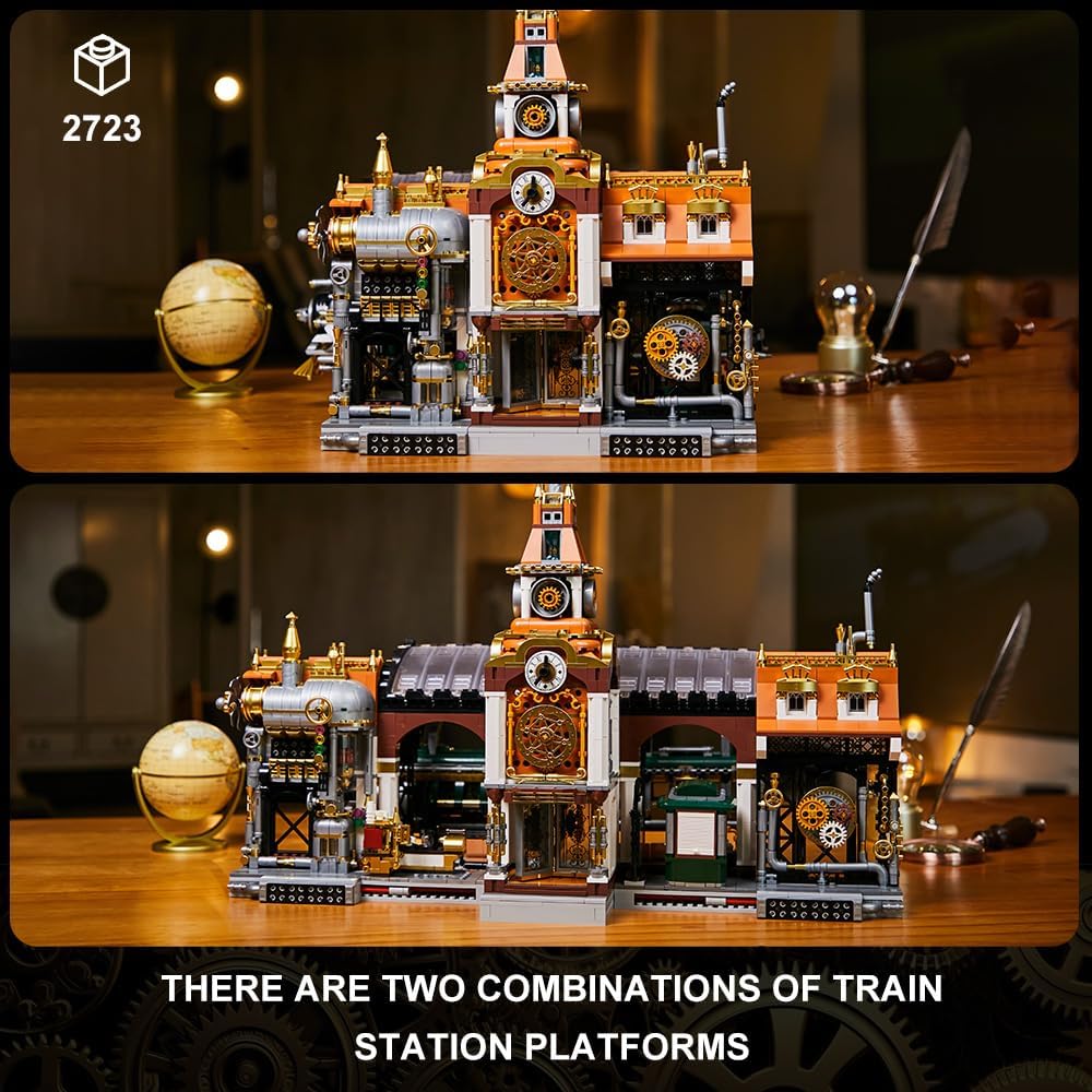 BRICKKK Juego de construcción de arquitectura de la estación de tren, juego de ladrillos de construcción de la estación de tren Steampunk, cuenta
