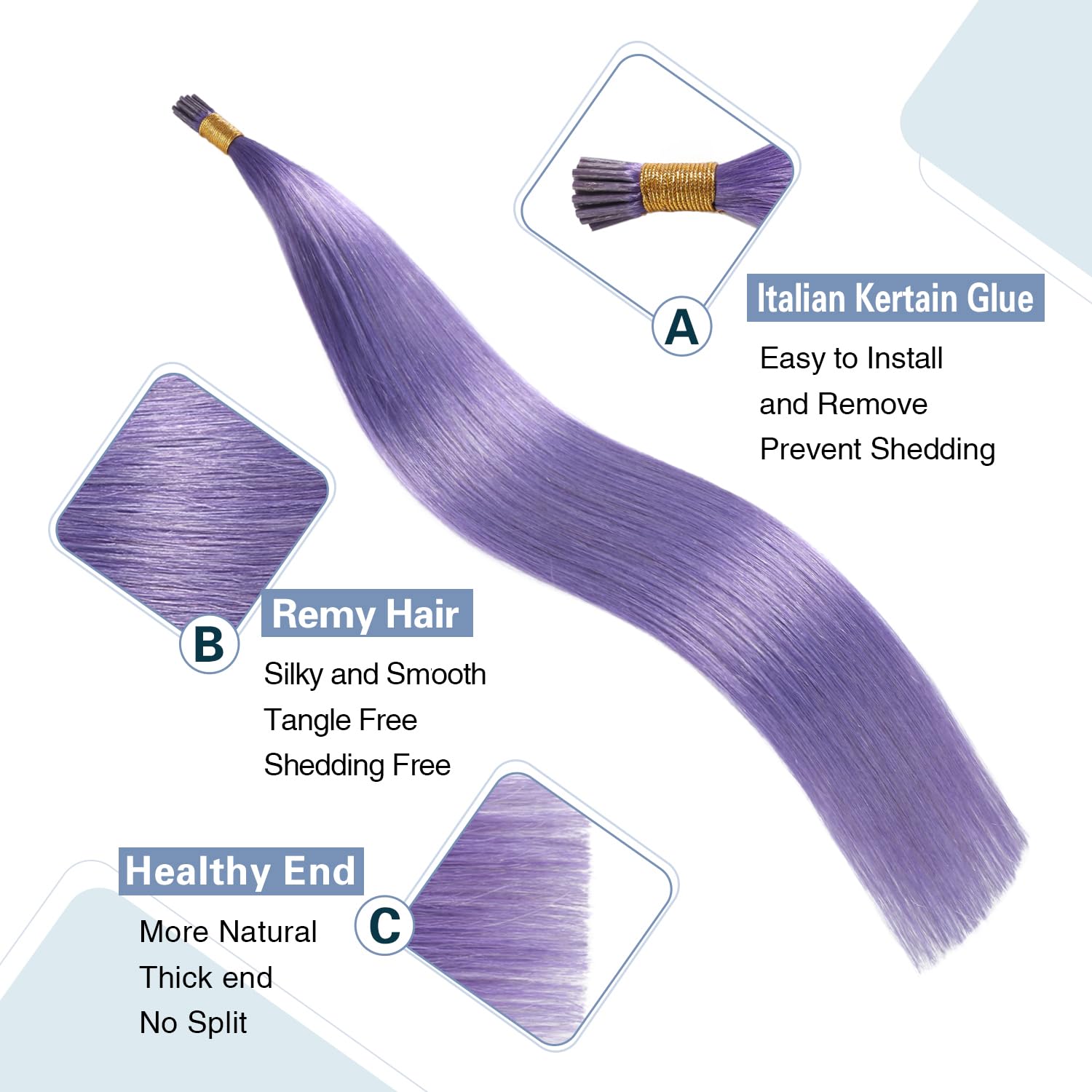 Sunya Extensiones de cabello humano con punta I Tip de 16 pulgadas, color morado rosa, extensiones de cabello humano real, fusión fría, previamente