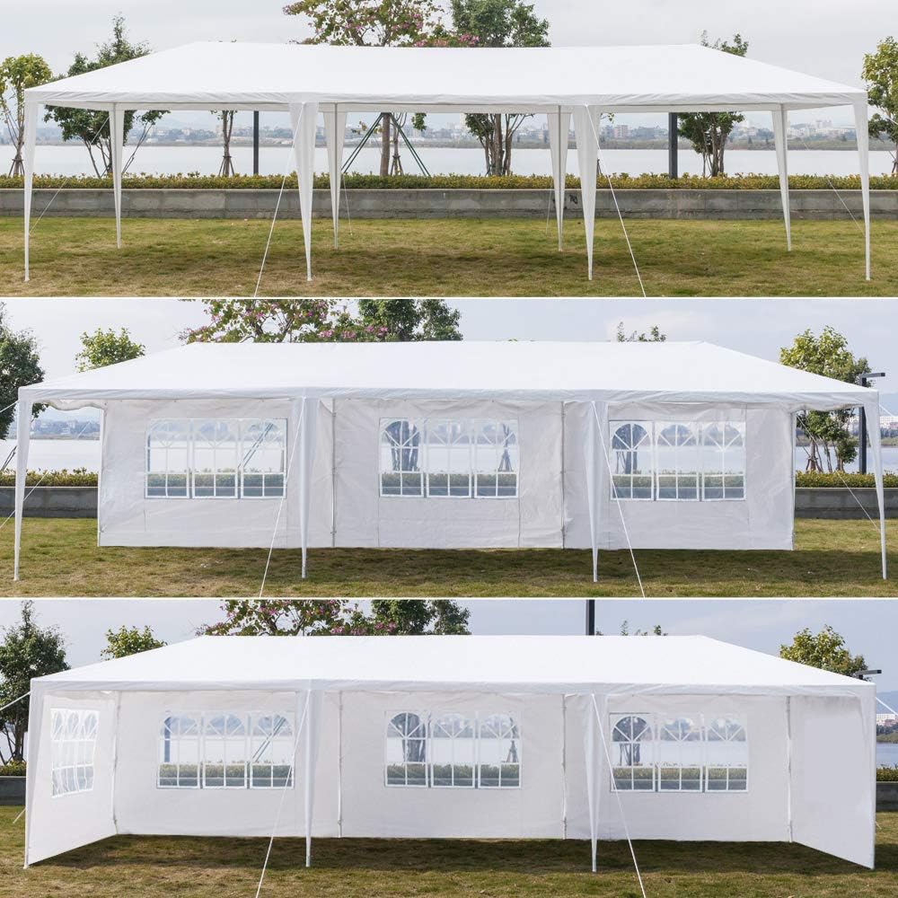 Gazebo para exteriores, 10 x 30 pies, color blanco, impermeable, con paredes laterales extraíbles y ventanas, tienda de campaña resistente para