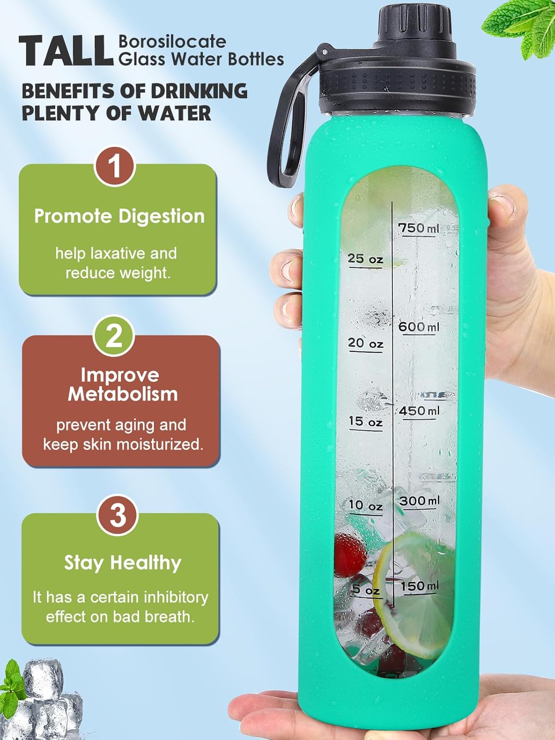 Botellas de agua de vidrio de 32 onzas con funda de silicona, botellas de hidratación para beber, reutilizables, sin BPA, borosilicato, boca ancha,