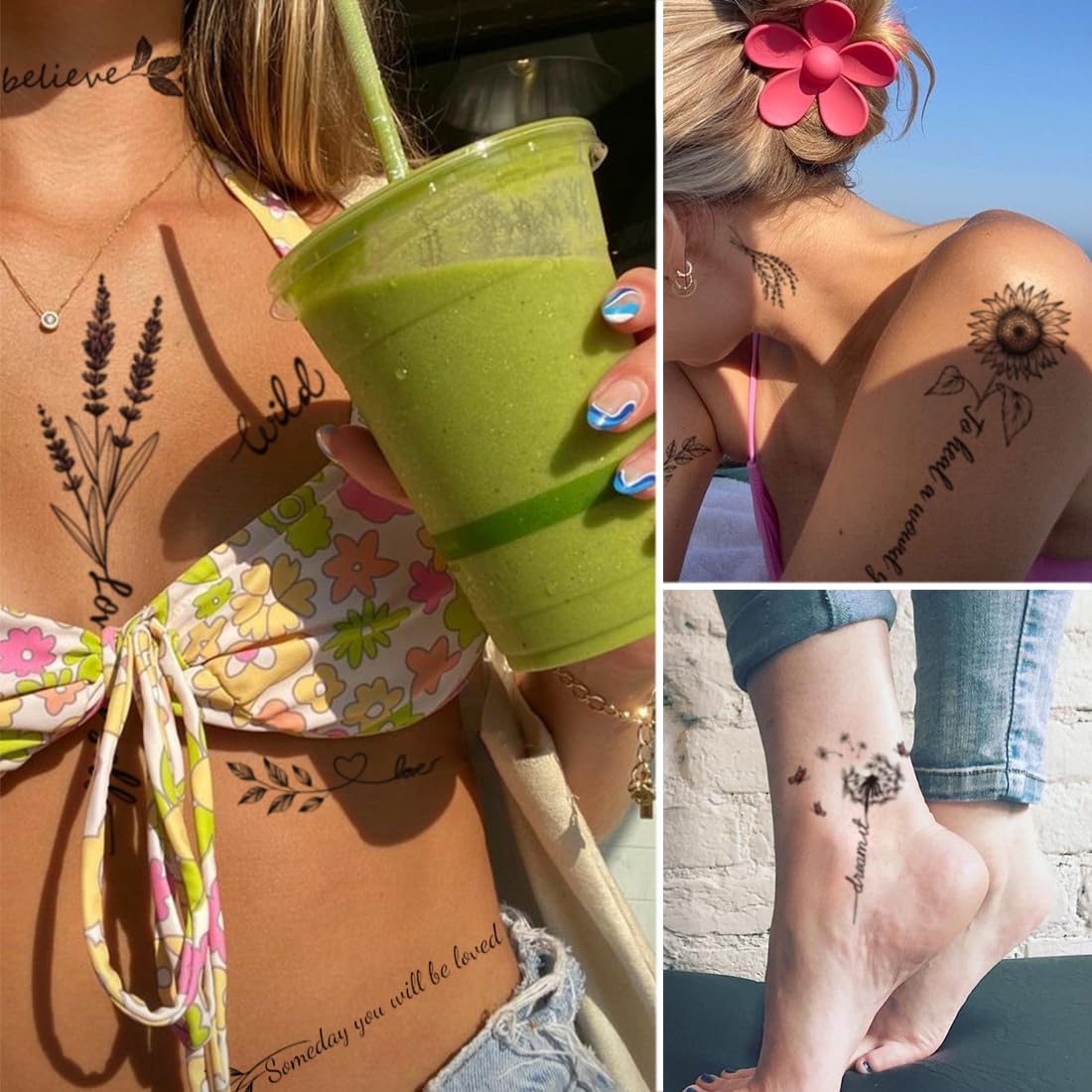 CHARLNET – Tatuajes temporales con palabras de flores para mujeres y niñas, de larga duración, impermeables, realistas, sexys, tatuajes temporales
