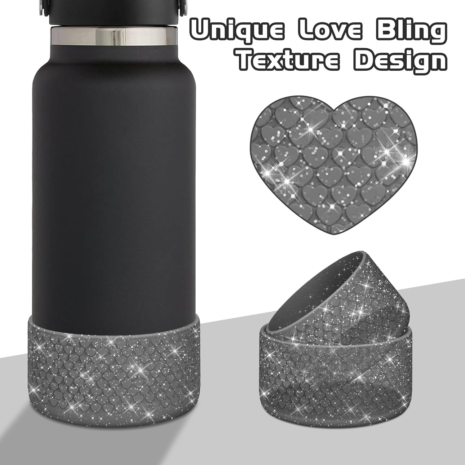 WUQID Funda protectora de silicona con textura de corazón brillante compatible con Stanle Tumbler de 40 onzas, 30 onzas, 20 onzas y botellas Hydroo