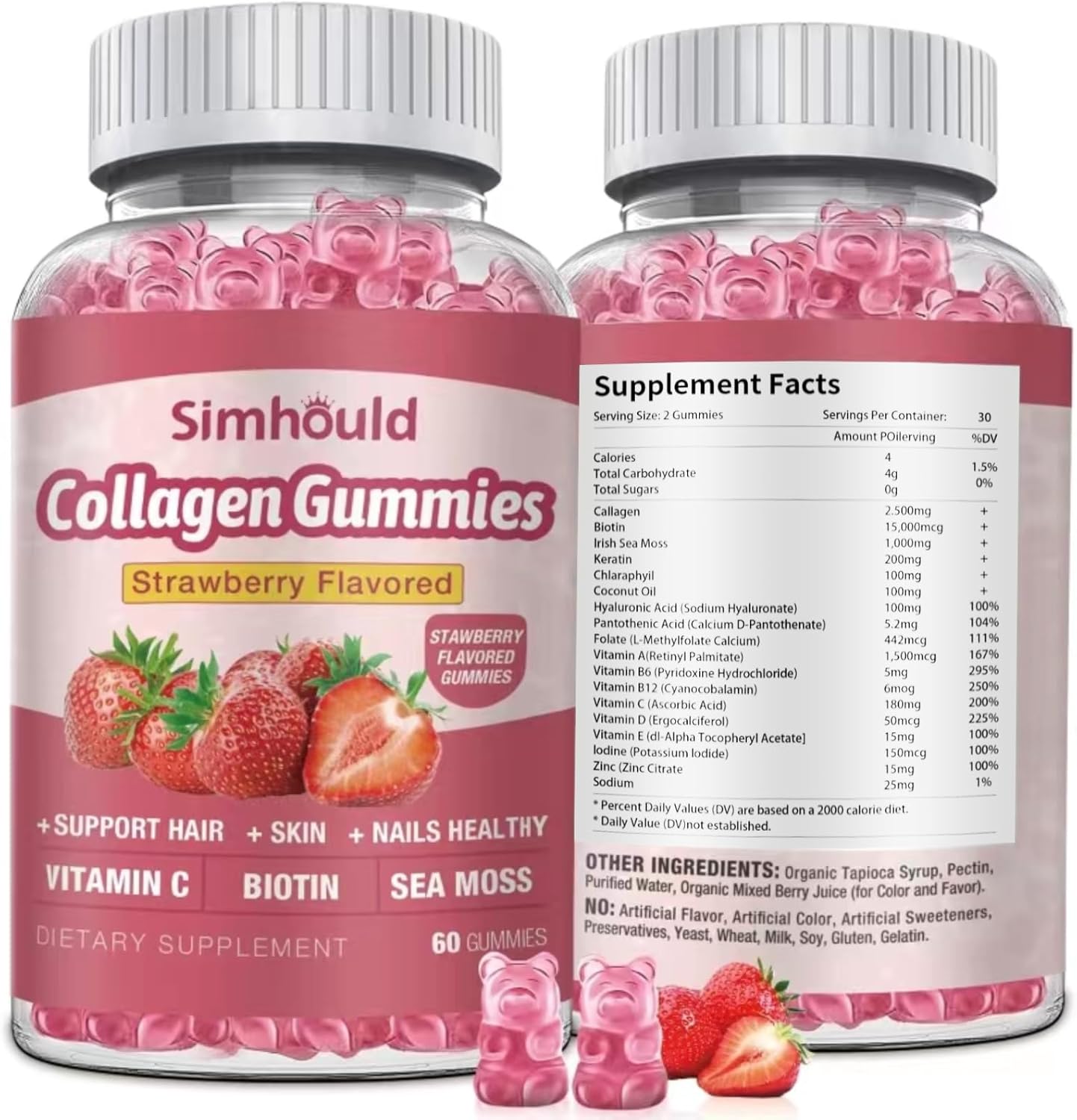 Gomitas de colágeno veganas para mujeres, antienvejecimiento, piel, uñas capilares, colágeno tipos 1 y 3, biotina, musgo marino para hombres, sin