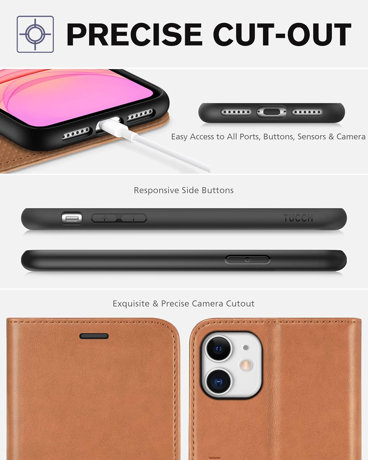 TUCCH Funda para iPhone 11, funda tipo cartera para iPhone 11 con bloqueo RFID, ranuras para tarjetas, cierre magnético, piel sintética protectora