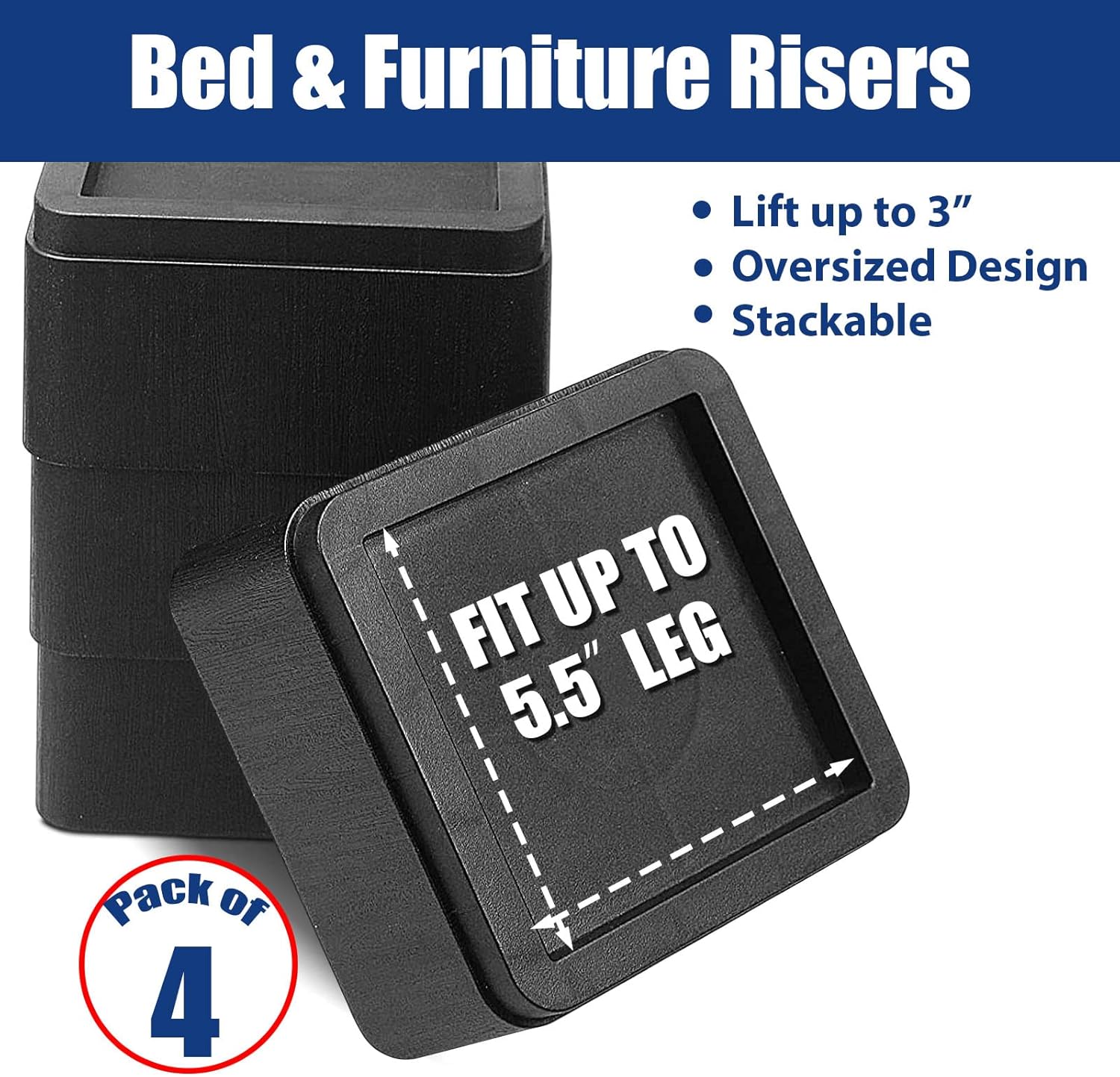 Elevadores de cama de 3 pulgadas, de gran tamaño, para patas de hasta 5.5 pulgadas, soporte resistente de 6000 libras, bloques de elevación de cama