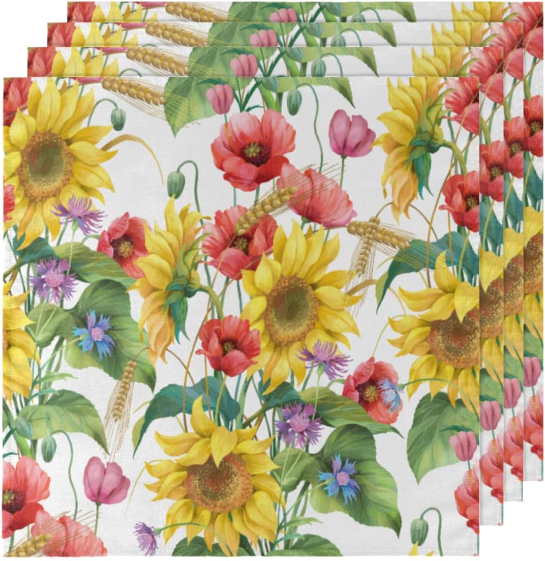 Juego de 6 servilletas de tela con estampado de girasol y amapola de 20 x 20 pulgadas, lavables, reutilizables, para cocina, comedor, decoración de