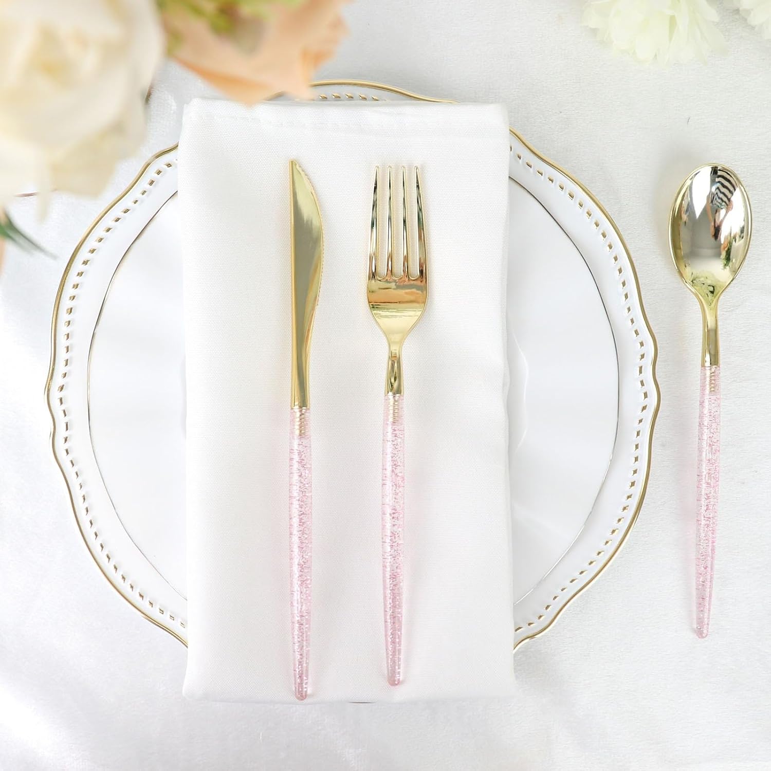 Efavormart – Juego de cubiertos desechables de 8 pulgadas, color oro rosa con purpurina, cubiertos de plástico para bodas, eventos y banquetes