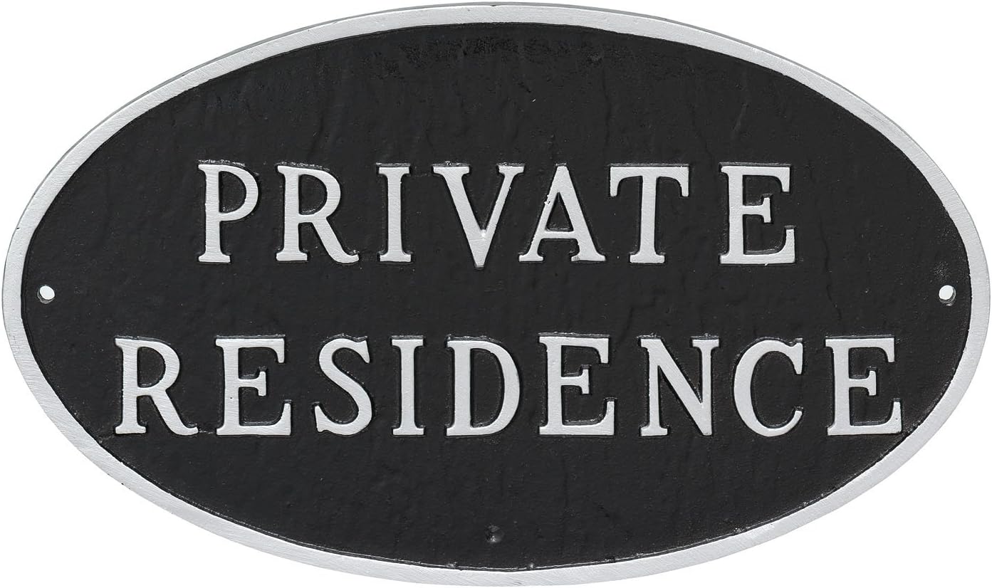 Montague Metal Products Placa ovalada de residencia privada, negro con letras plateadas, 6 x 10 pulgadas