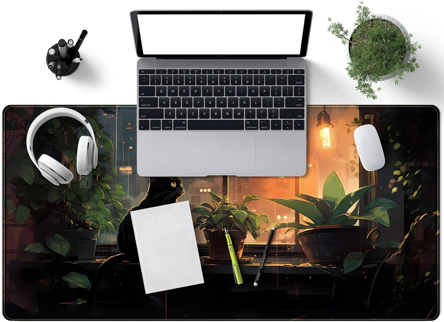 Alfombrilla de escritorio de gato negro con plantas verdes, alfombrilla de mouse grande para juegos de anime, alfombrilla de mouse XL para