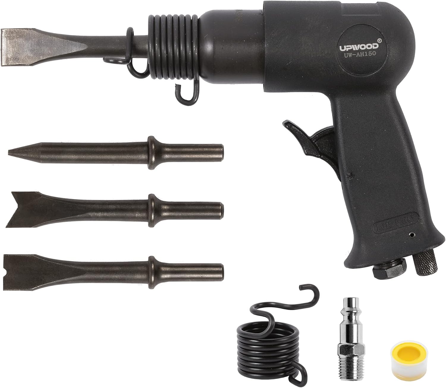 UW-AH150 Kit de martillo neumático de barril corto con retenedor de cambio rápido y 4 cinceles, carrera de 1-58 pulgadas, 4500 BPM, peso ligero