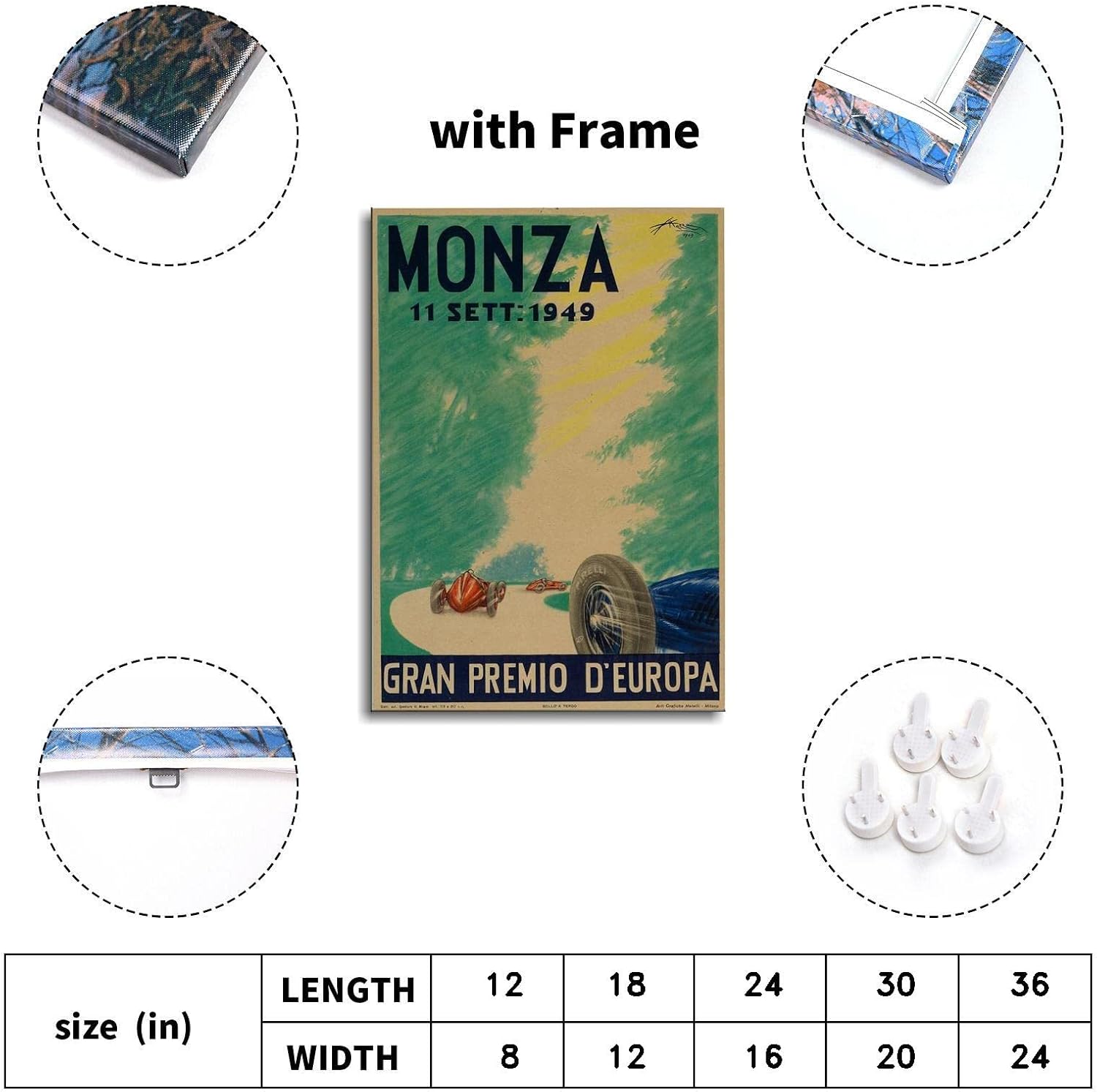 Póster en lienzo de carreras de estilo vintage de Monza 1949 para decoración de la oficina en el hogar, con marco, 12 x 8 pulgadas