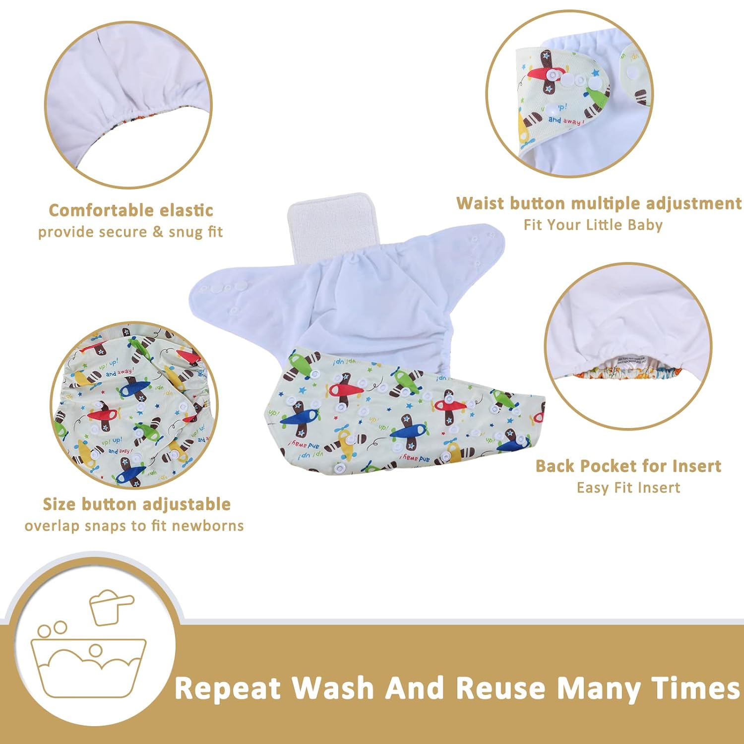 Pañal de tela lavable reutilizable talla única ajustable para bebé, 1 pañal y 2 piezas de insertos de microfibra de 3 capas