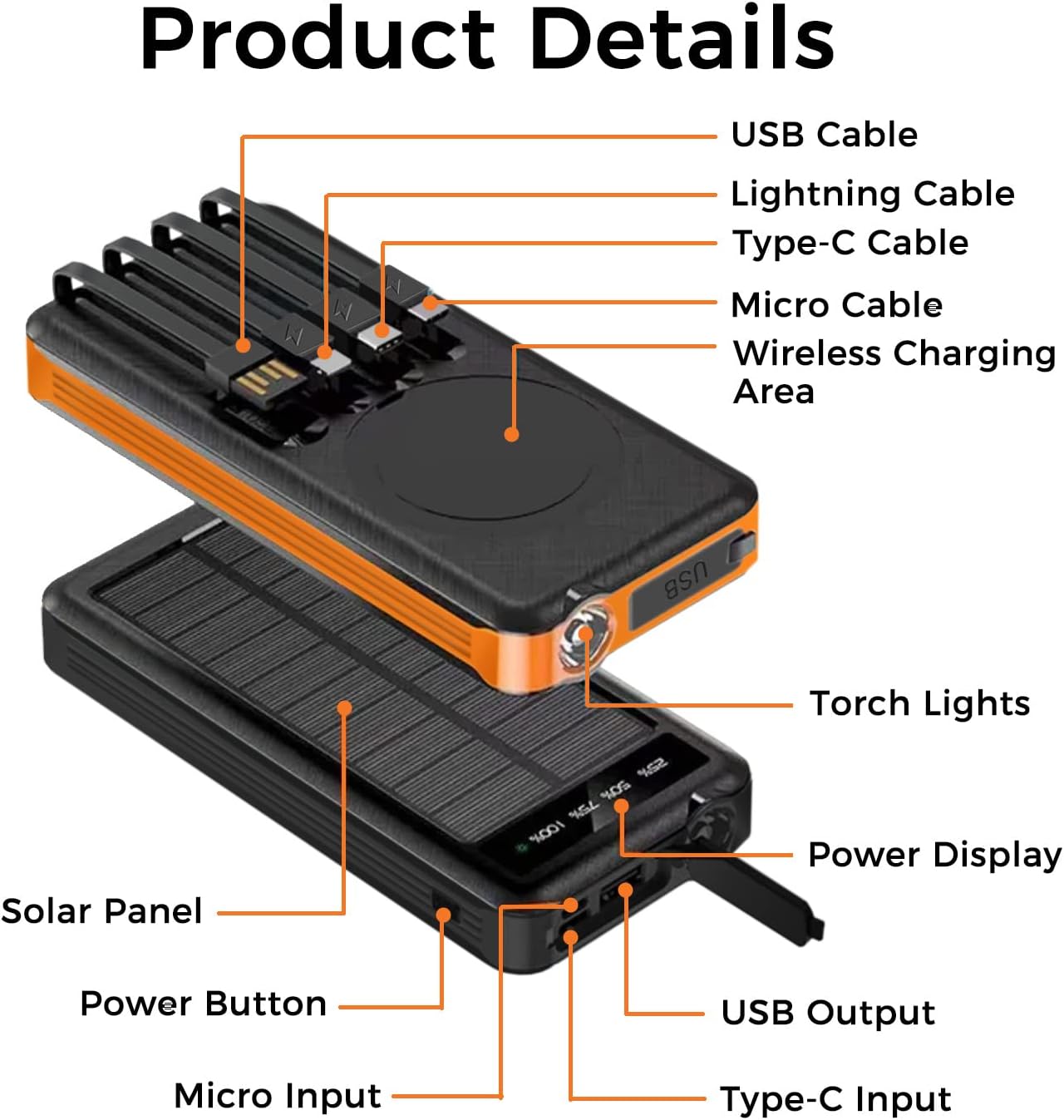 Banco de energía portátil solar al aire libre con carga inalámbrica, cables de carga incorporados, batería de 10000 mAh, IP65 impermeable, a prueba
