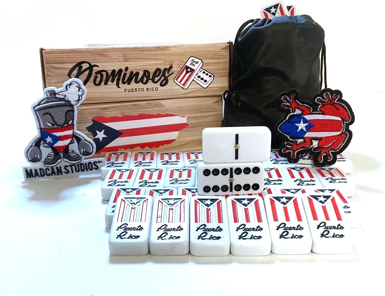 Juego de fichas de dominó con bandera de dominó de Puerto Rico, Boricua PR Puerto Rican Classic imprescindible bolsa de viaje incluida, tamaño