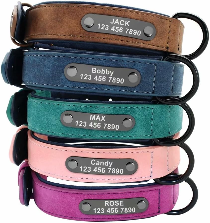 Didog Collares de cuero personalizados para perros con placa de identificación grabada, collares de perro acolchados personalizados grabados para
