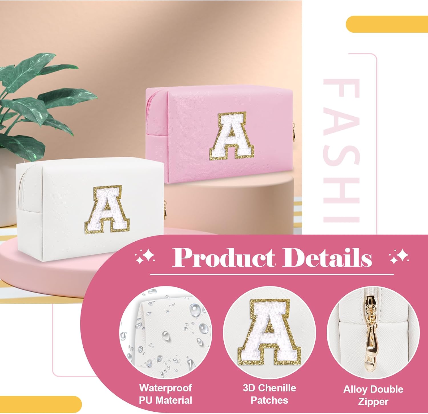 Bolsa de maquillaje personalizada con inicial A-Z, pequeña bolsa de cosméticos de viaje de piel sintética con cremallera, bonita bolsa de aseo