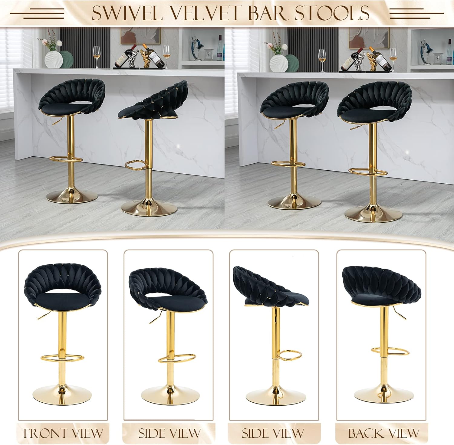 Juego de 2 taburetes de bar giratorios de terciopelo, sillas de bar modernas ajustables con respaldo tejido hueco, taburete de bar dorado de lujo,