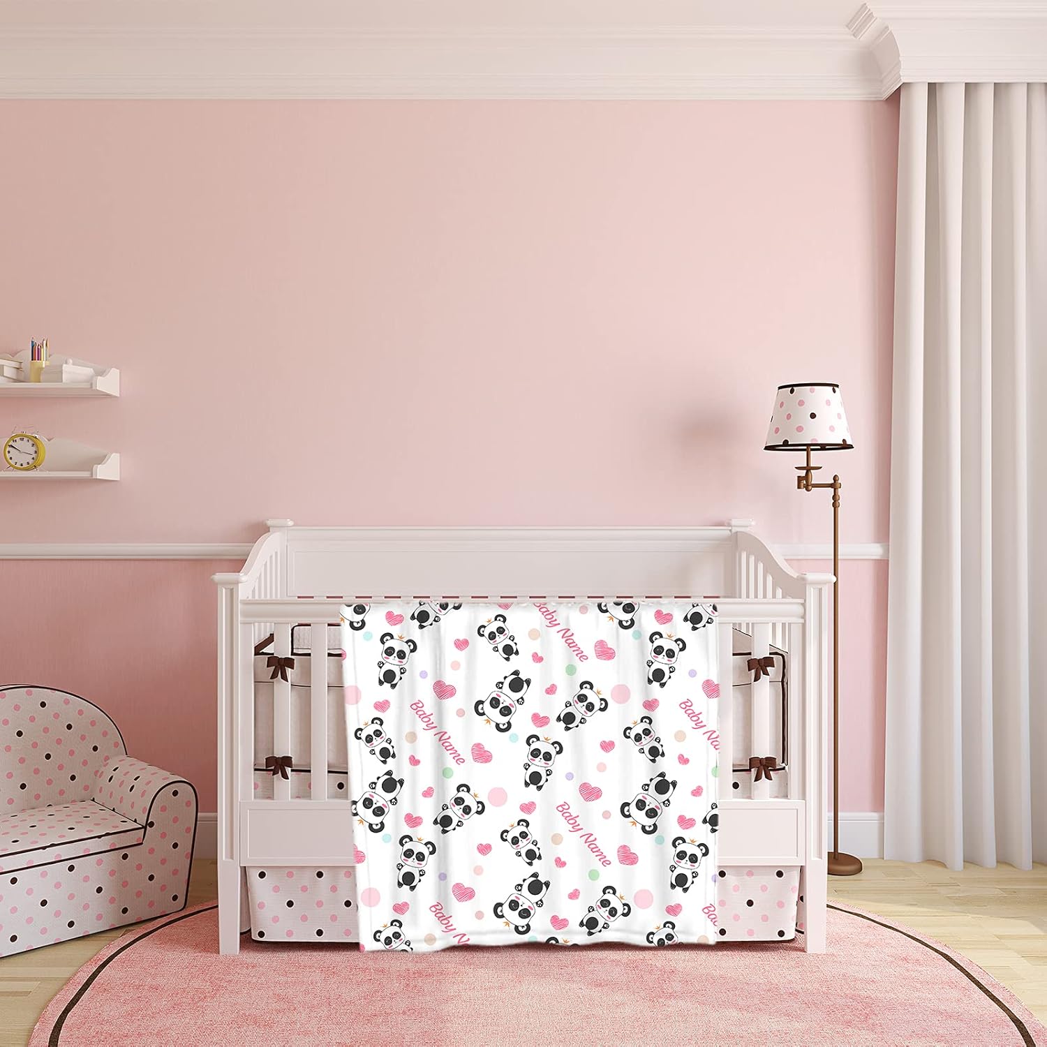 Manta de bebé personalizada con estampado de panda lindo con nombre, patrones de corazones de panda personalizados para bebés, regalos de cumpleaños