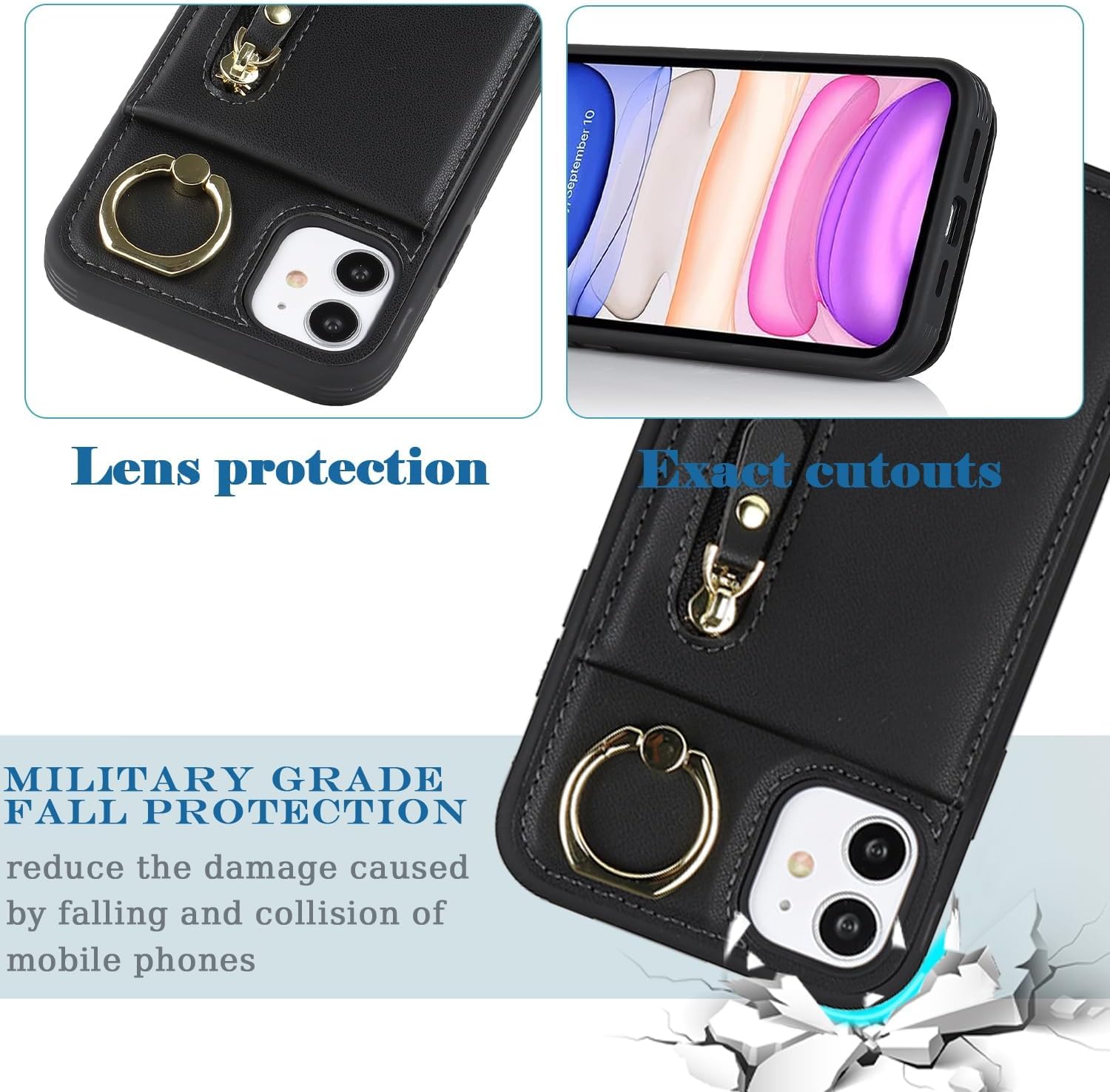 Funda para iPhone 11 con tarjetero para mujer, iPhone 11 con tarjeta de crédito con anillo de soporte, cremallera, a prueba de golpes, delgada, para