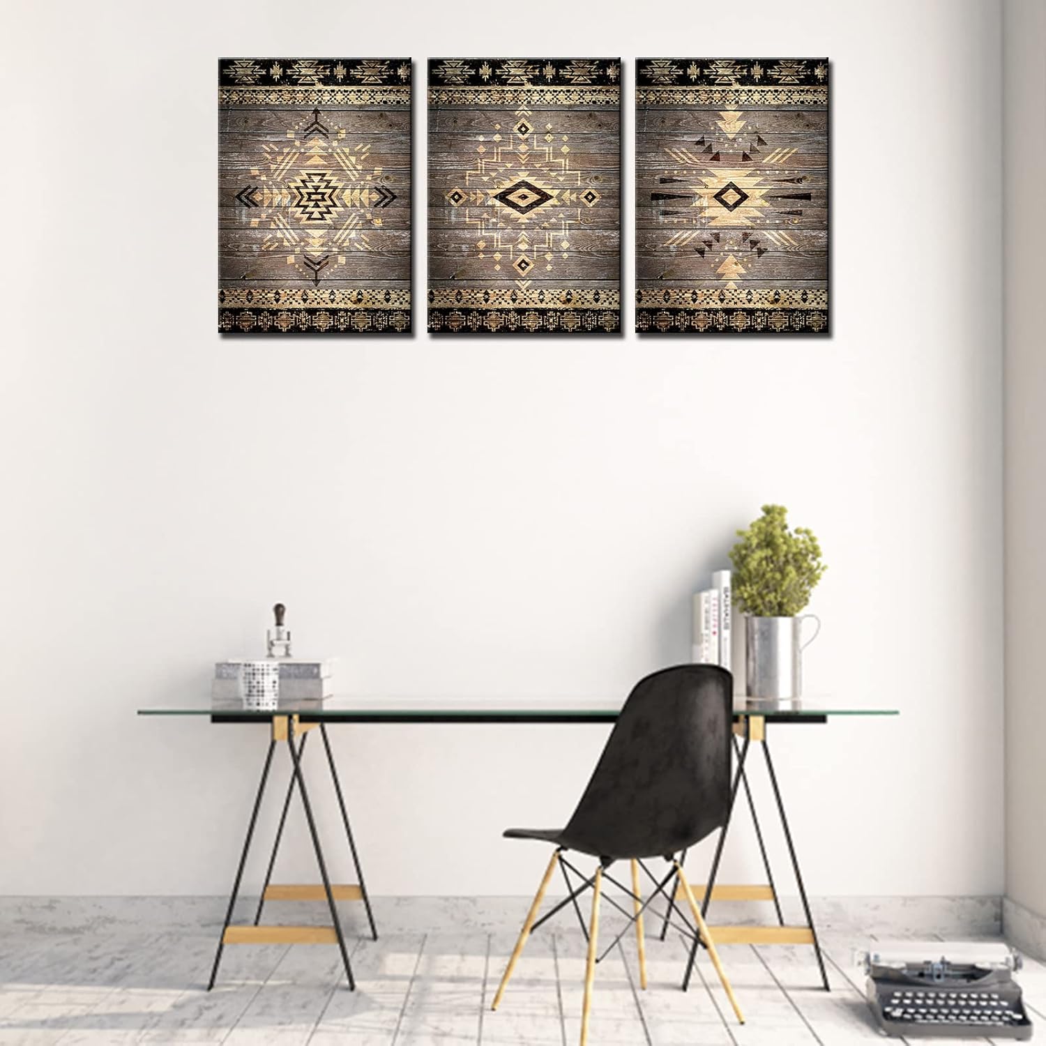 Cuadros de pared para sala de estar, pinturas indias tribales mexicanas aztecas, 3 paneles, lienzo de madera, arte de pared retro de cultura