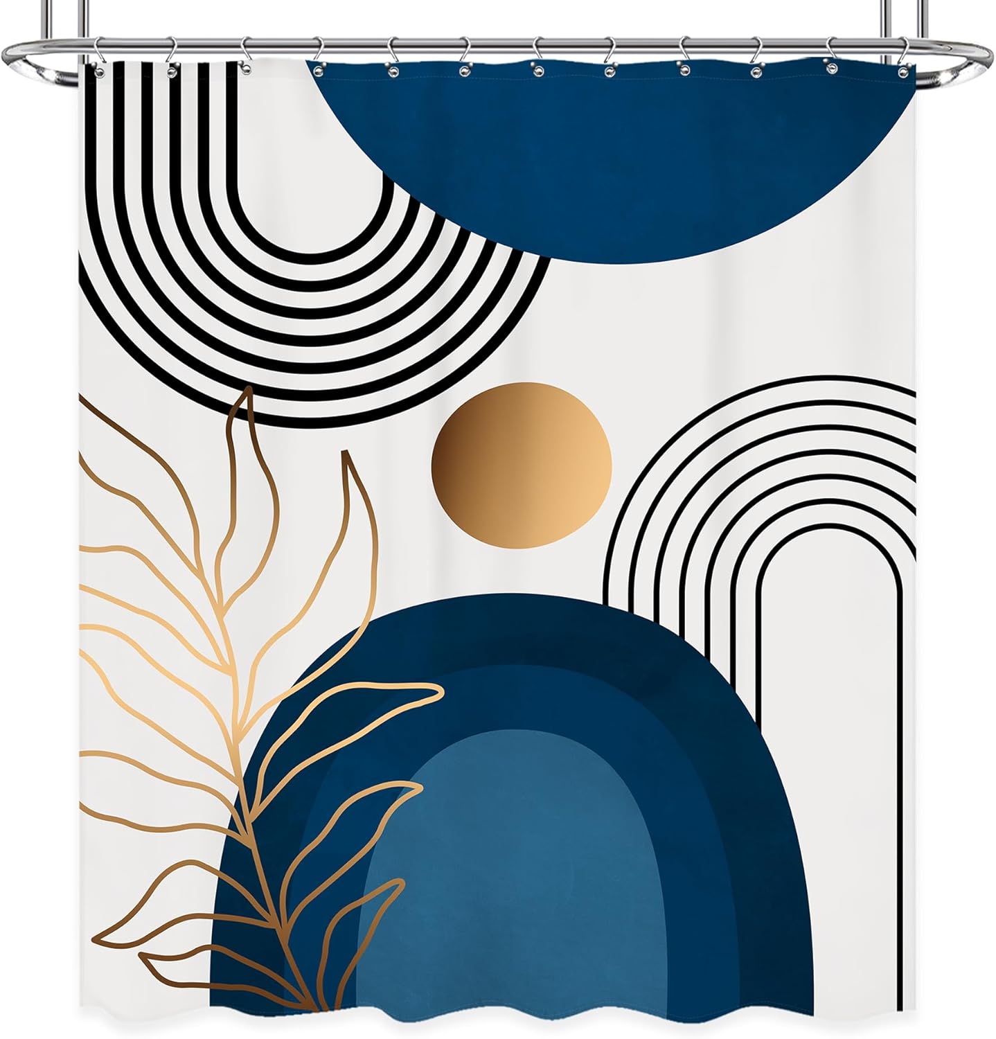 Cortina de ducha bohemia moderna de mediados de siglo, 60 pulgadas de ancho x 72 pulgadas de largo, diseño abstracto azul marino, arco iris, hojas
