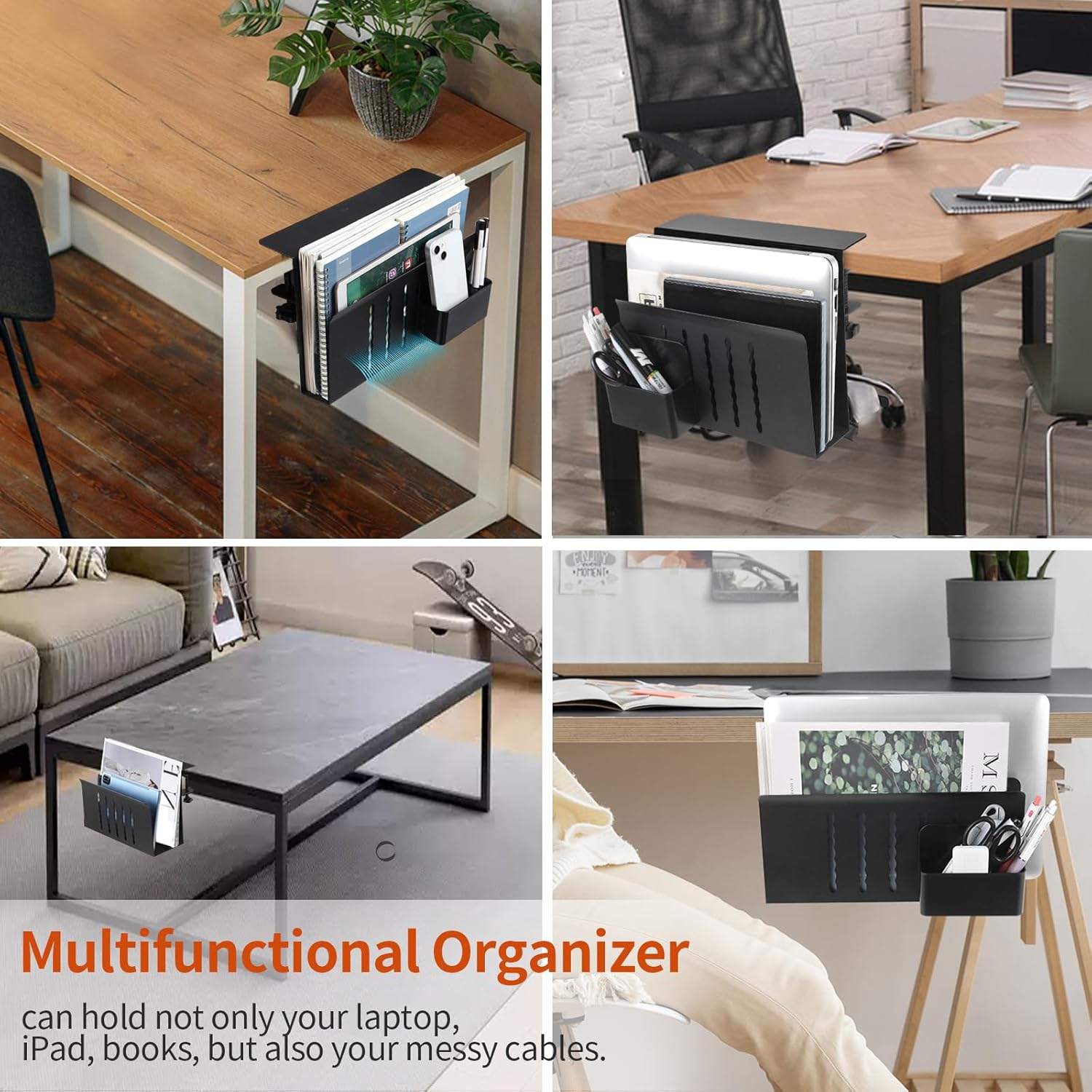 MILEGI Almacenamiento lateral de escritorio, soporte vertical para laptop debajo del escritorio, organizador de escritorio colgante sin taladros,