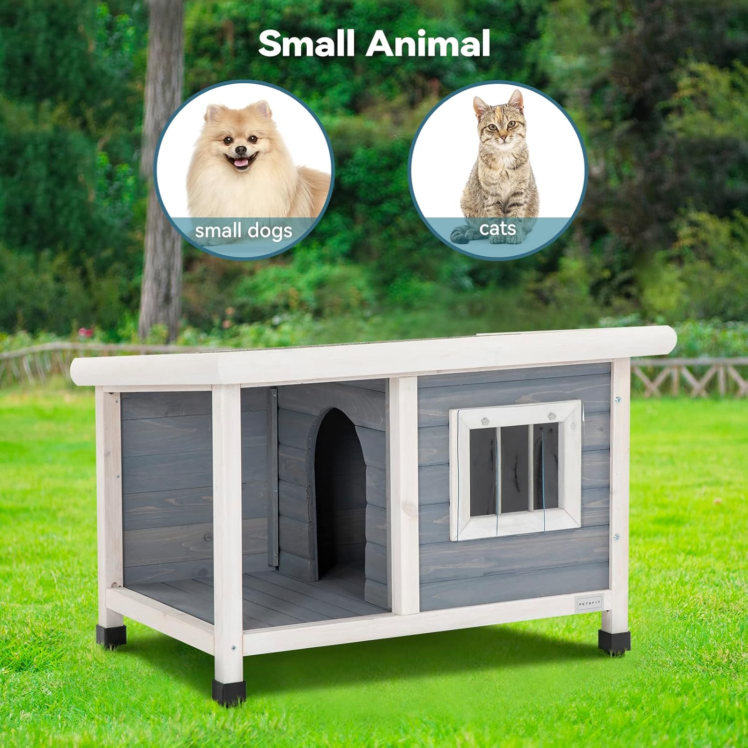 Petsfit Casa de perro al aire libre de 33.6 pulgadas para perros pequeños, casa de madera resistente a la intemperie con porche