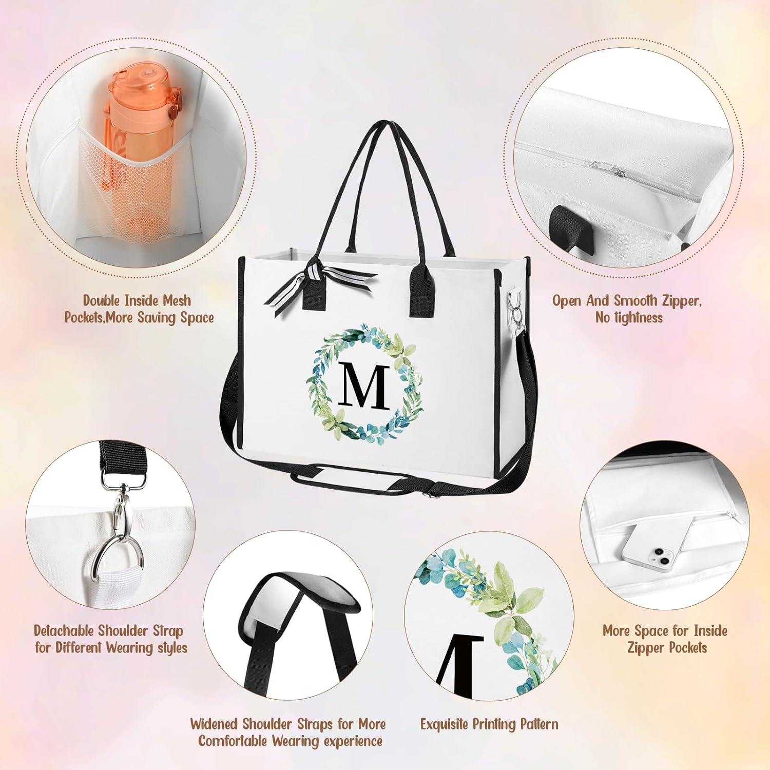 Can-vas – Bolsa de playa con iniciales florales para mujer, bolsa de playa con bolsillo interior, 2 bolsillos laterales, correa de hombro, caja de