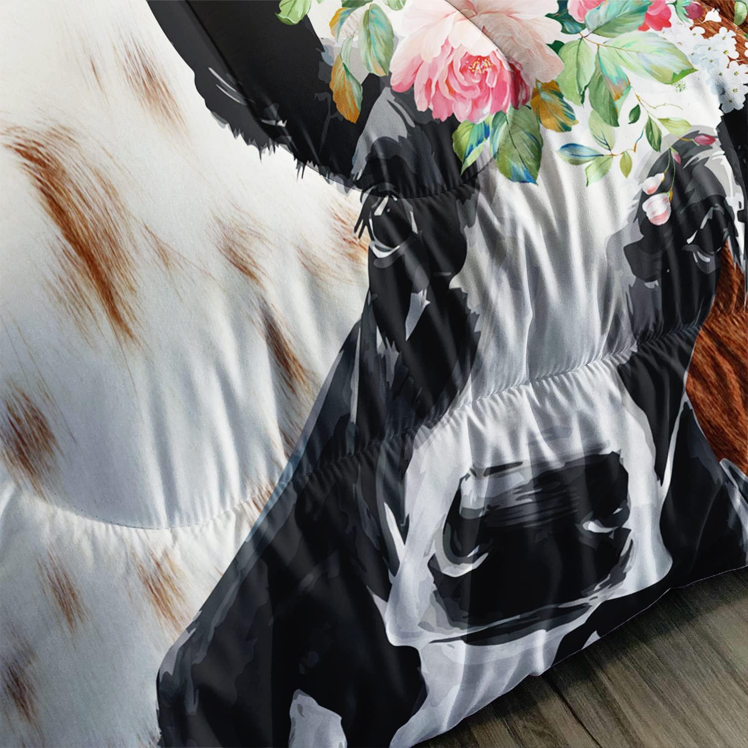 AILONEN Juego de edredón de ganado lechero para niños, niñas, niños, adolescentes, tamaño Queen, pintura al óleo 3D y flores sobre cabeza de vaca
