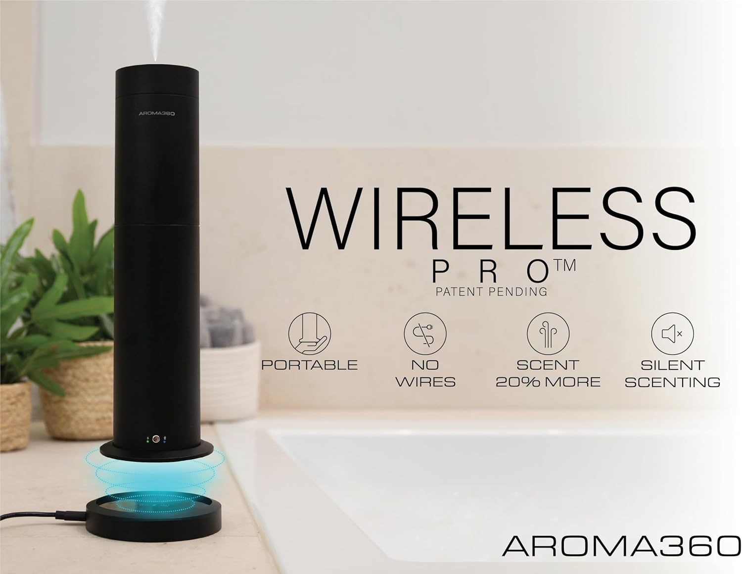 Aroma360 – Difusor de aceites esenciales inalámbrico profesional – Cobertura de 600 pies cuadrados – Inalámbrico y portátil con control remoto –