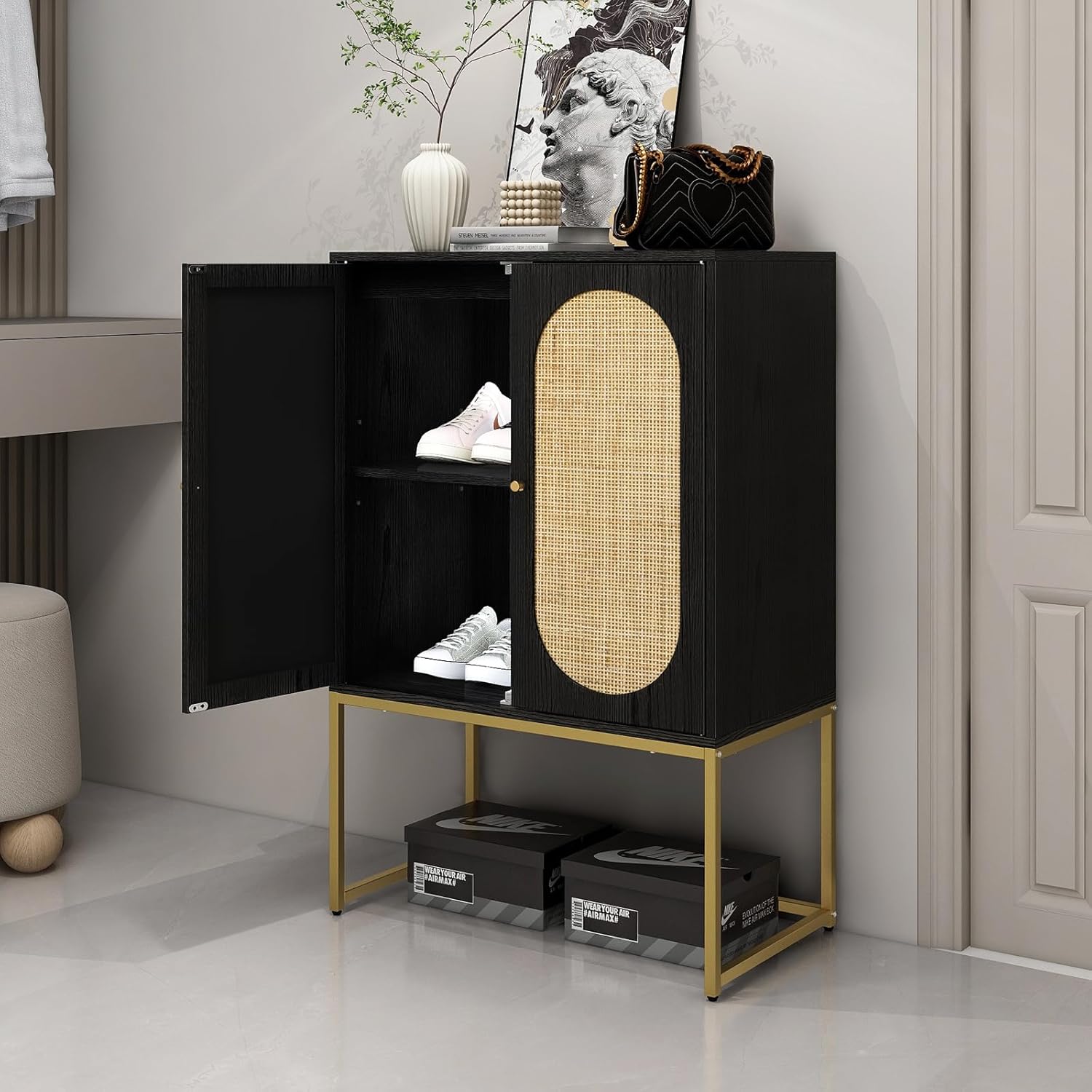 mixtavie Armario alto de ratán natural de 2 puertas, aparador de buffet con 1 estantes ajustables, armario de madera independiente para sala de