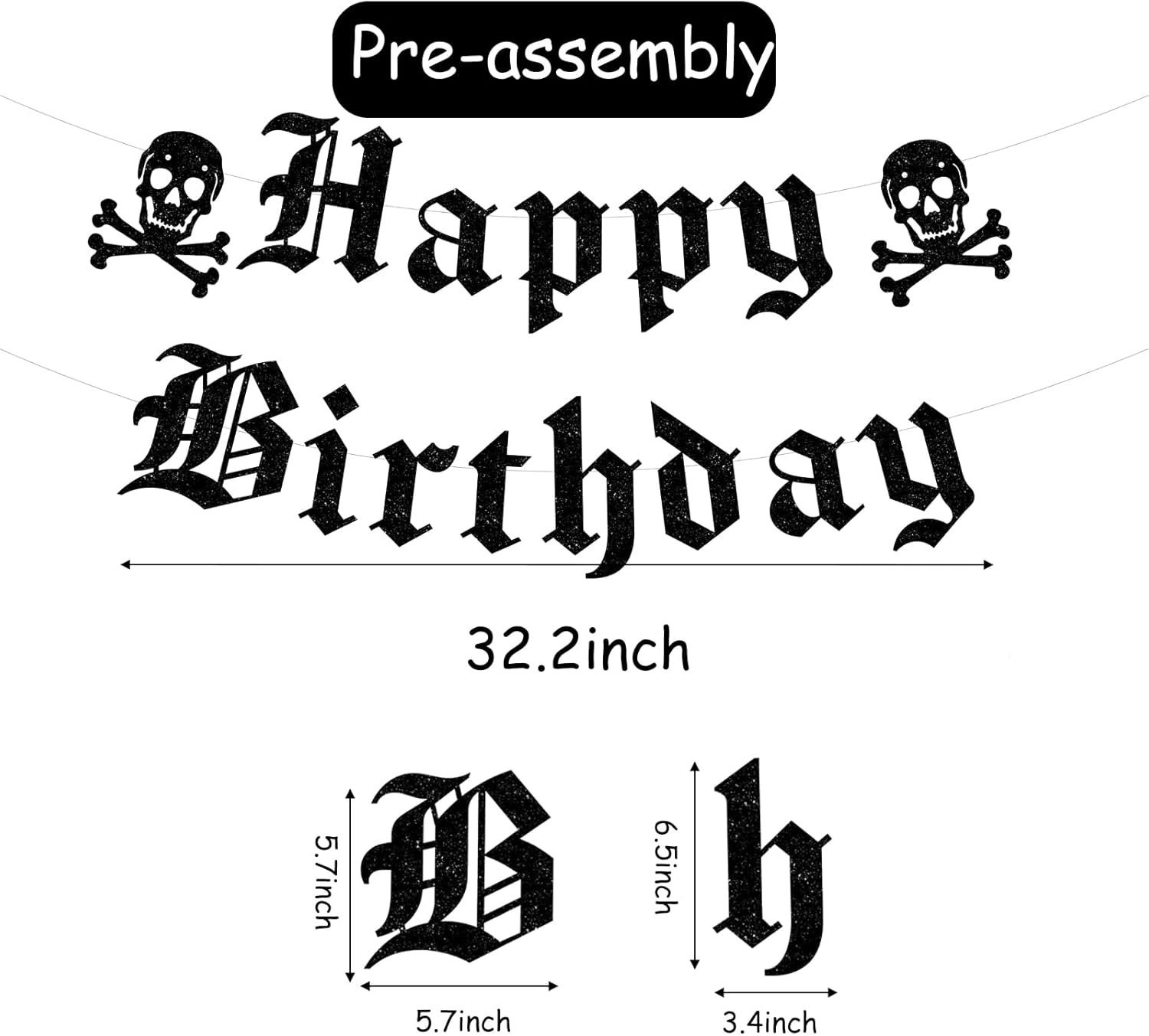 Cartel gótico de feliz cumpleaños con purpurina negra con diseño de calavera inglesa, divertida pancarta de cumpleaños funerario para fiesta de
