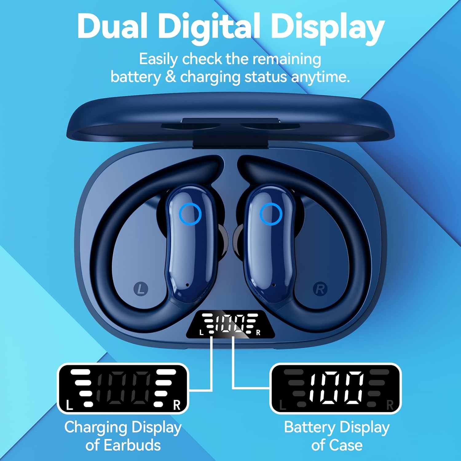 GNMN Auriculares Bluetooth inalámbricos 80 horas de reproducción IPX7 impermeables auriculares estéreo con ganchos para las orejas, micrófono