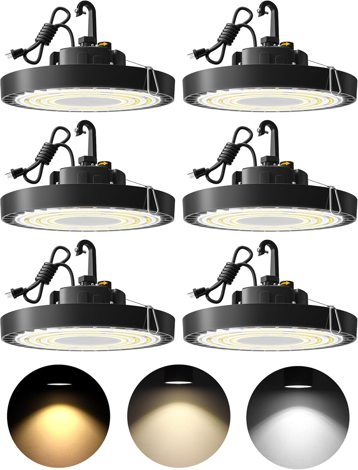 VANoopee Paquete de 6 luces LED de alta bahía de 200 W, 3000 K, 4000 K, 5000 K, UFO LED de alta bahía, iluminación comercial para tienda, almacén,