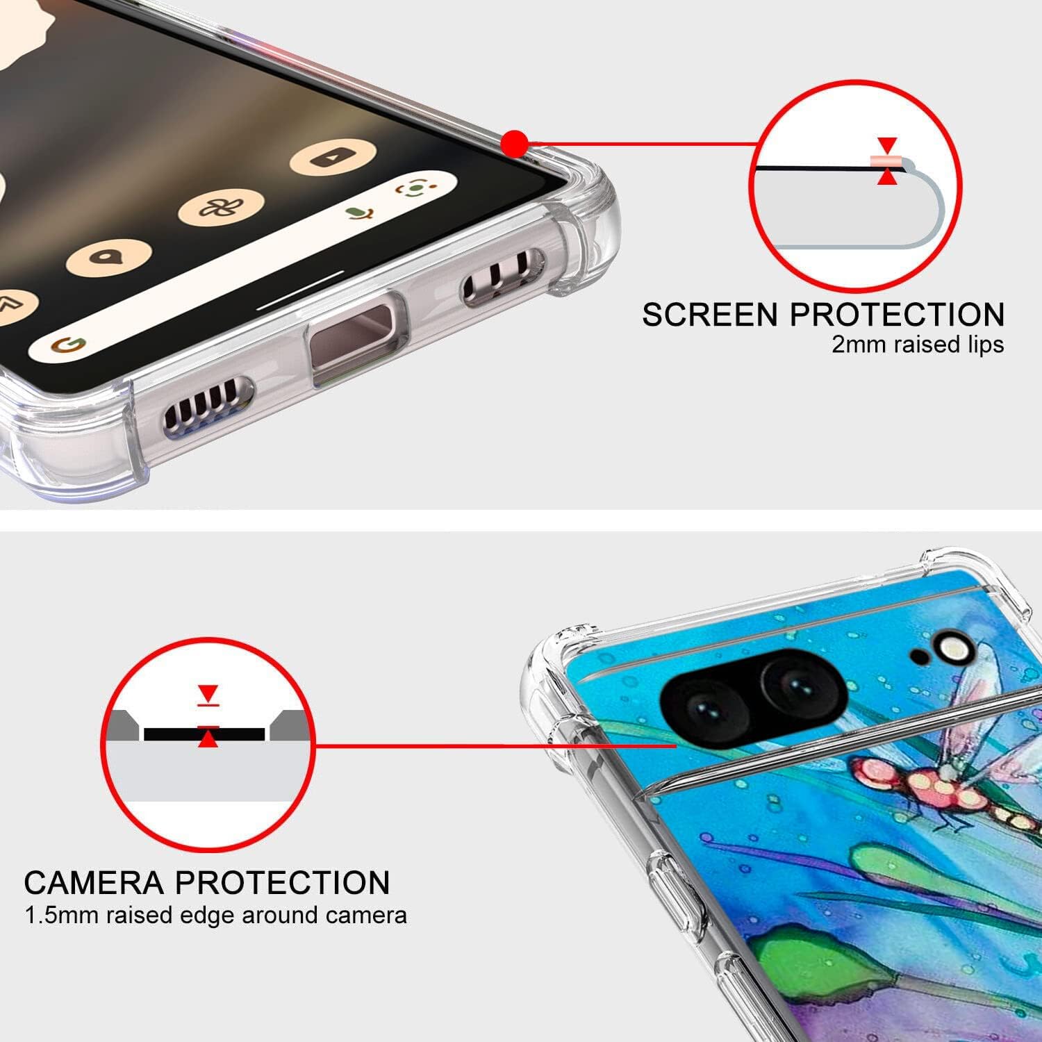 Funda para Pixel 7, bonita protección contra caídas de libélula a prueba de golpes, carcasa protectora de cuerpo completo resistente a los arañazos