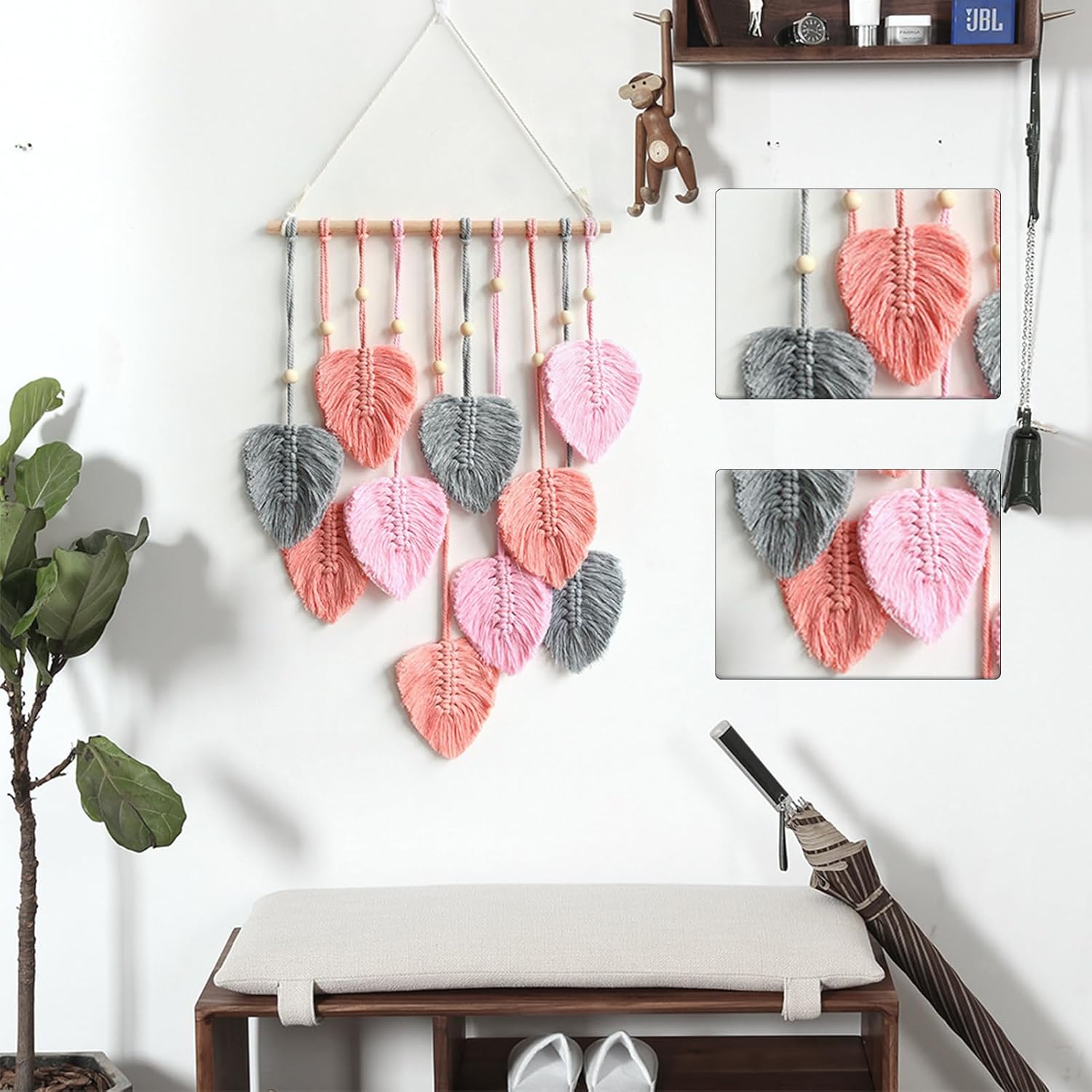 Tapiz de hojas bohemio para colgar en la pared, tapiz para colgar en la pared, hilo tejido de plumas hechas a mano, tapiz bohemio, decoración de