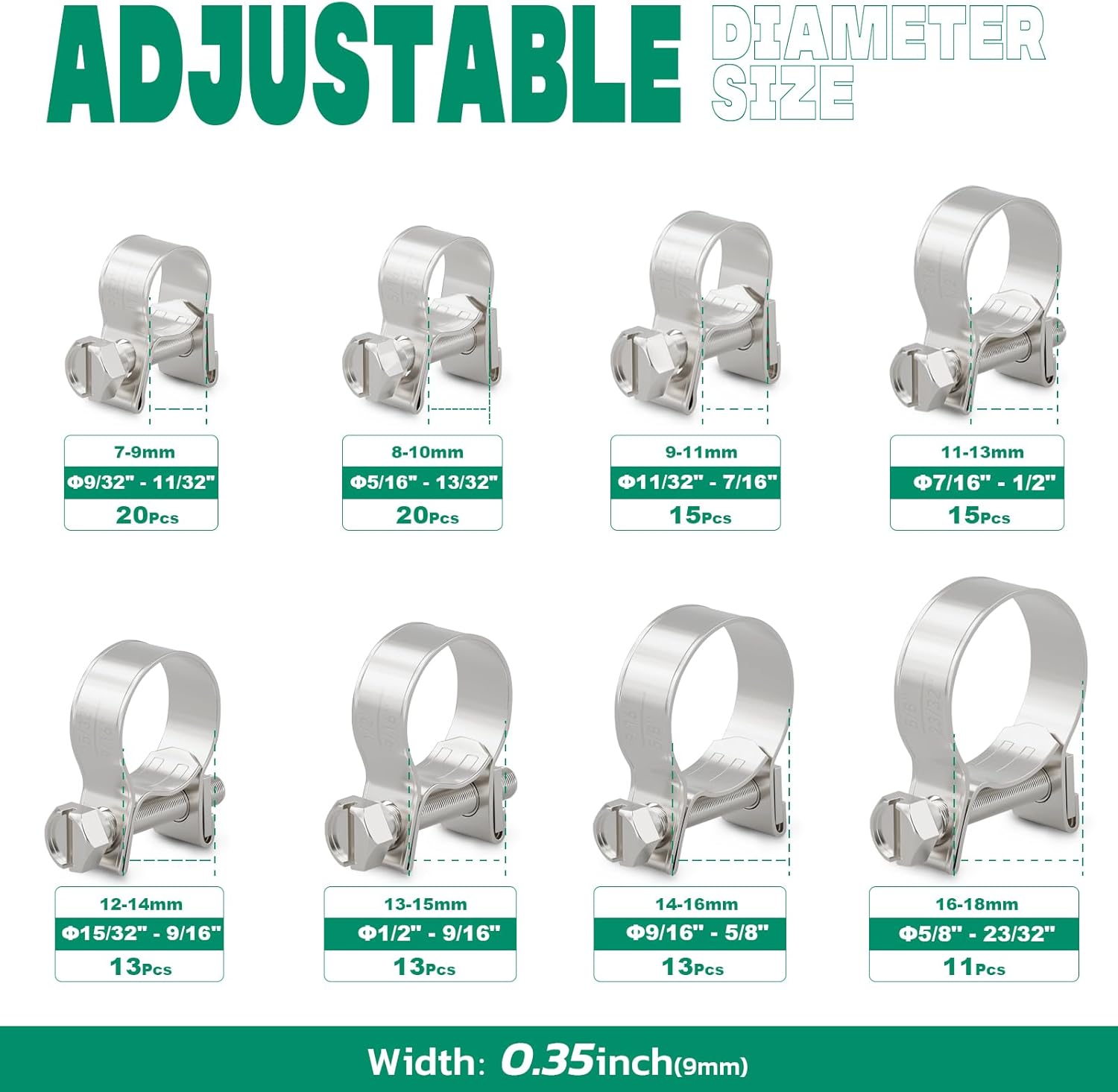 Kit surtido de 120 abrazaderas de línea de combustible de acero inoxidable 304, 8 tamaños ajustables de 932 a 2332 pulgadas de diámetro (0.276-0.709