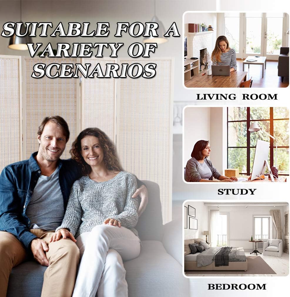 Divisor de habitación de bambú de 6 pies de alto, 4 paneles divisores de habitación y pantallas de privacidad plegables, separación decorativa,
