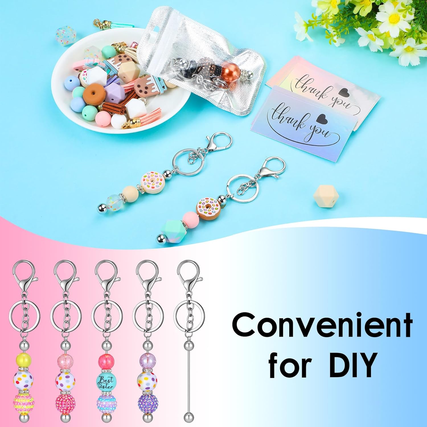 Kits de llaveros con cuentas, barras de llavero con cuentas, bolsa resellable, tarjetas de agradecimiento para manualidades, fabricación de joyas