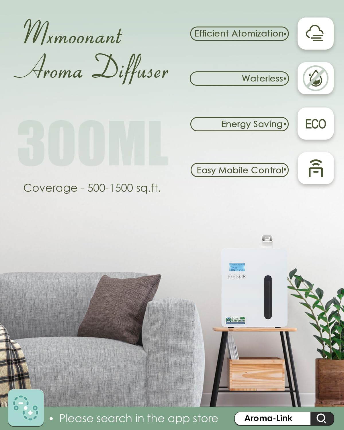 Mxmoonant Máquina de aire inteligente de aroma de 10.1 fl oz, difusor sin agua HVAC con control de aplicación de bajo ruido para el hogar, hotel,