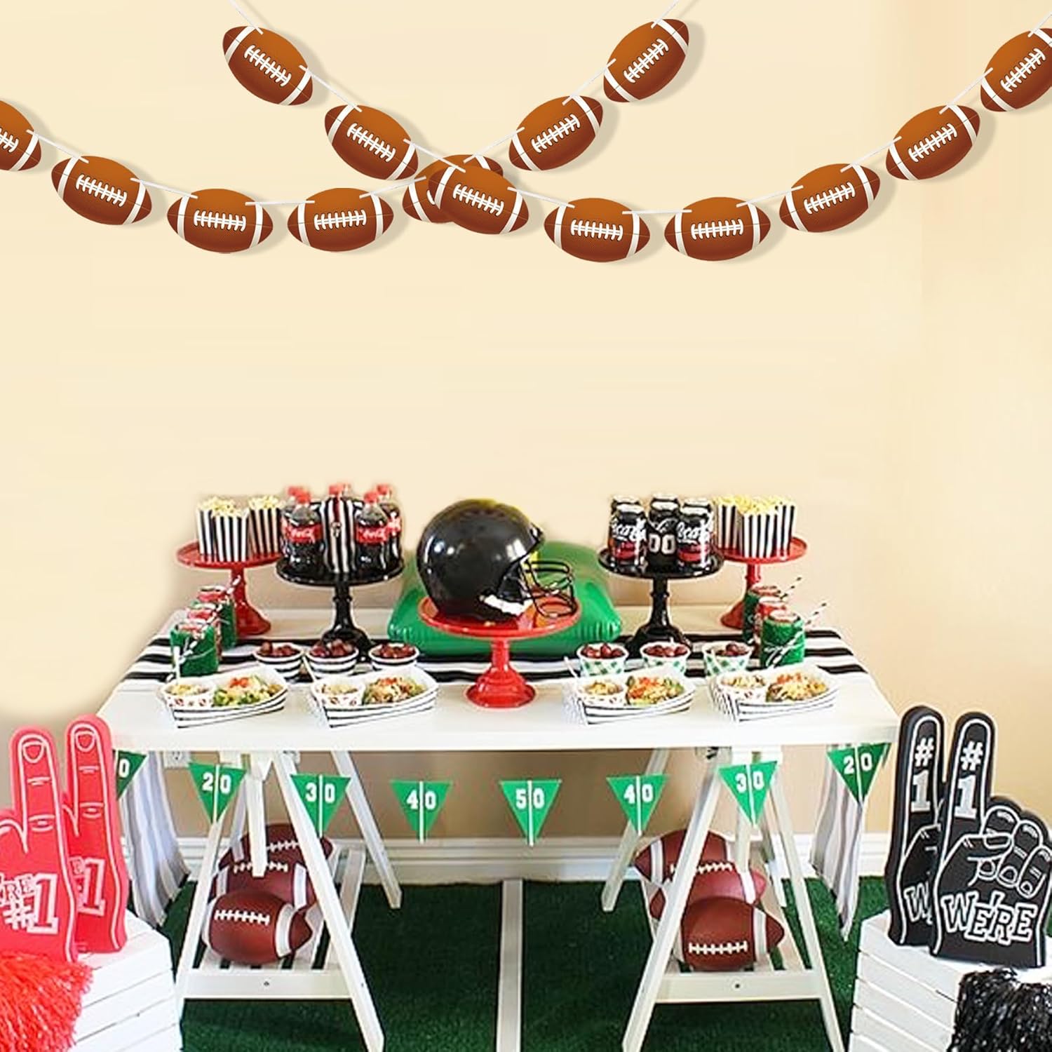 2 piezas de decoración de fiesta de fútbol americano guirnalda colgante de fútbol recortes de papel de fútbol para fiesta de cumpleaños, suministros