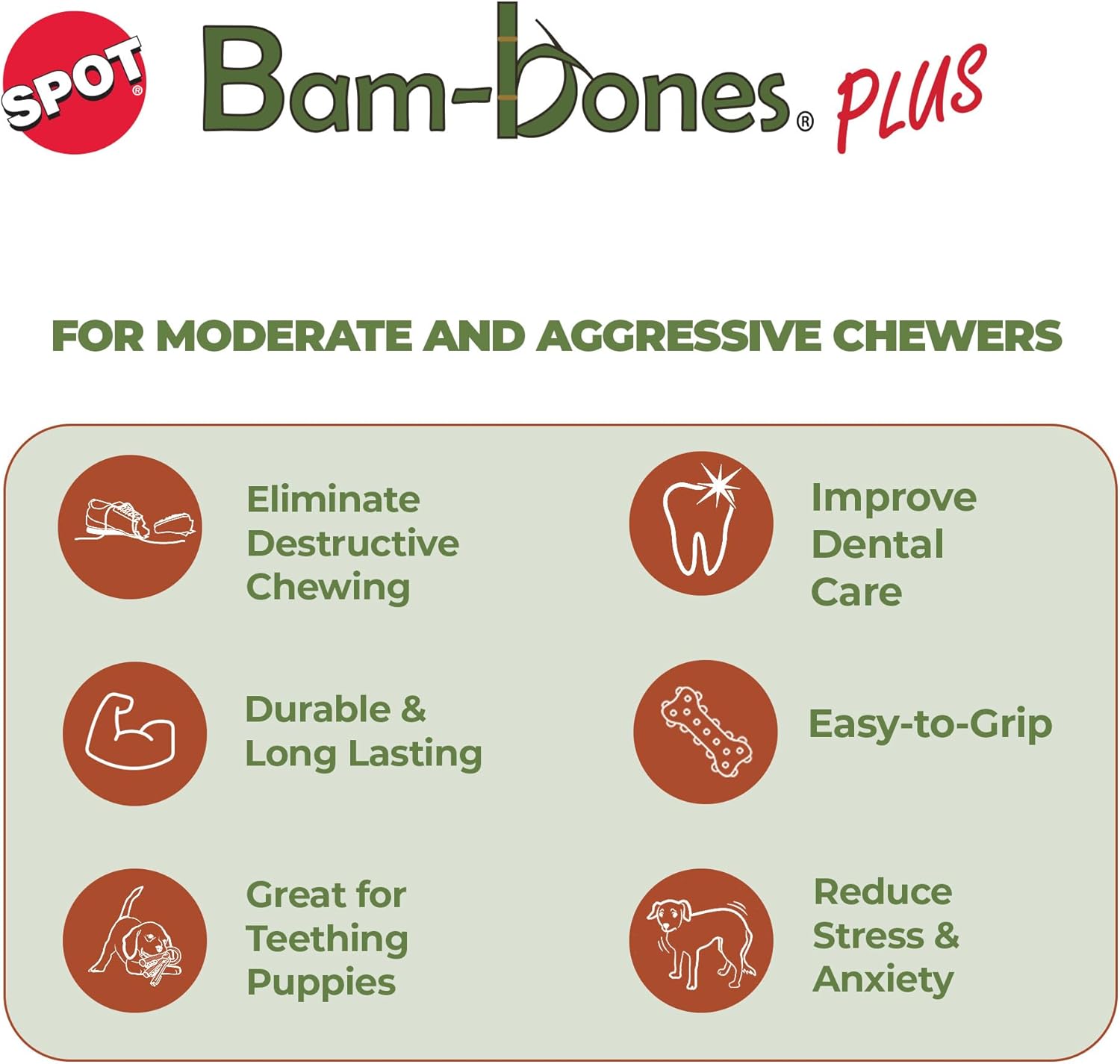 SPOT Bam-Bones Plus T Bone – Fibra de bambú y nailon, masticable duradero para perros masticadores agresivos – Juguete para perros y cachorros de